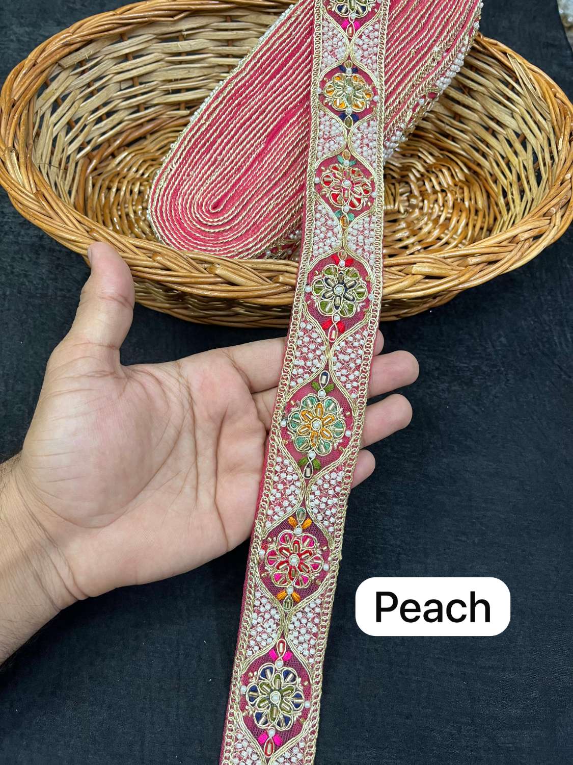 Multicoloured Bead Work Designer Lace on Net Fabric for Sarees & Lehengas (9 Meter) | Peach