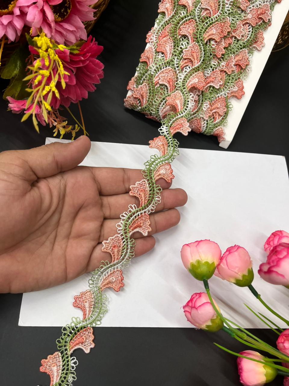 Imported Guipure Cotton Multicoloured Lace & Trims – Designer Border for Sarees, Lehengas & Dupattas (9 Meter, 1 Inch Width) | Peach