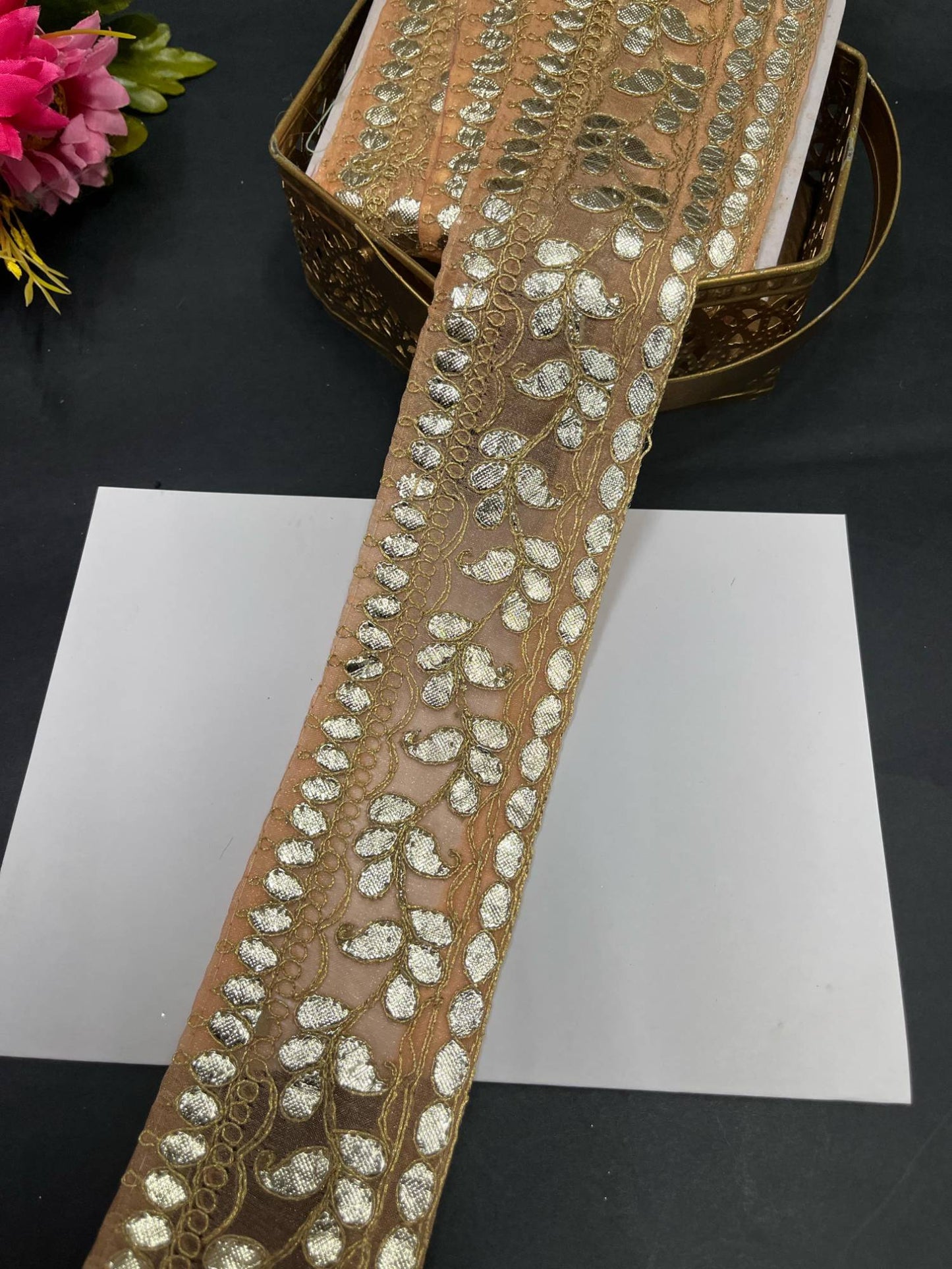 Traditional Gota Lace Borders – 9 Meters, 2.5-Inch Decorative Embellished Trim for Sarees, Lehengas & Dupattas | Peach