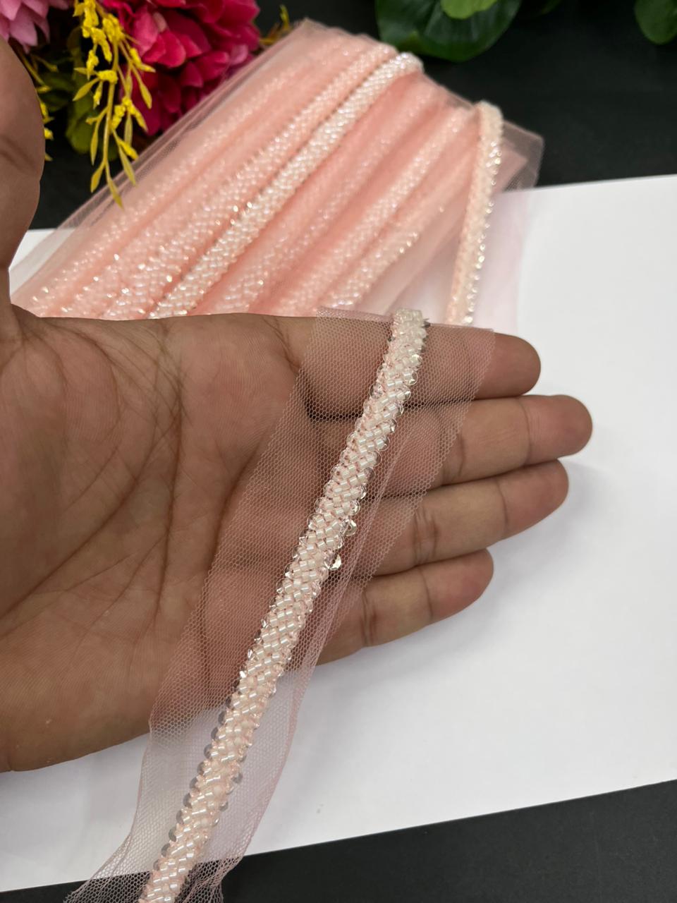 Imported Beaded Lace Trims – Premium Half-Inch Designer Lace for Sarees, Dupattas, Lehengas & Couture Wear (9 Meter) | Peach