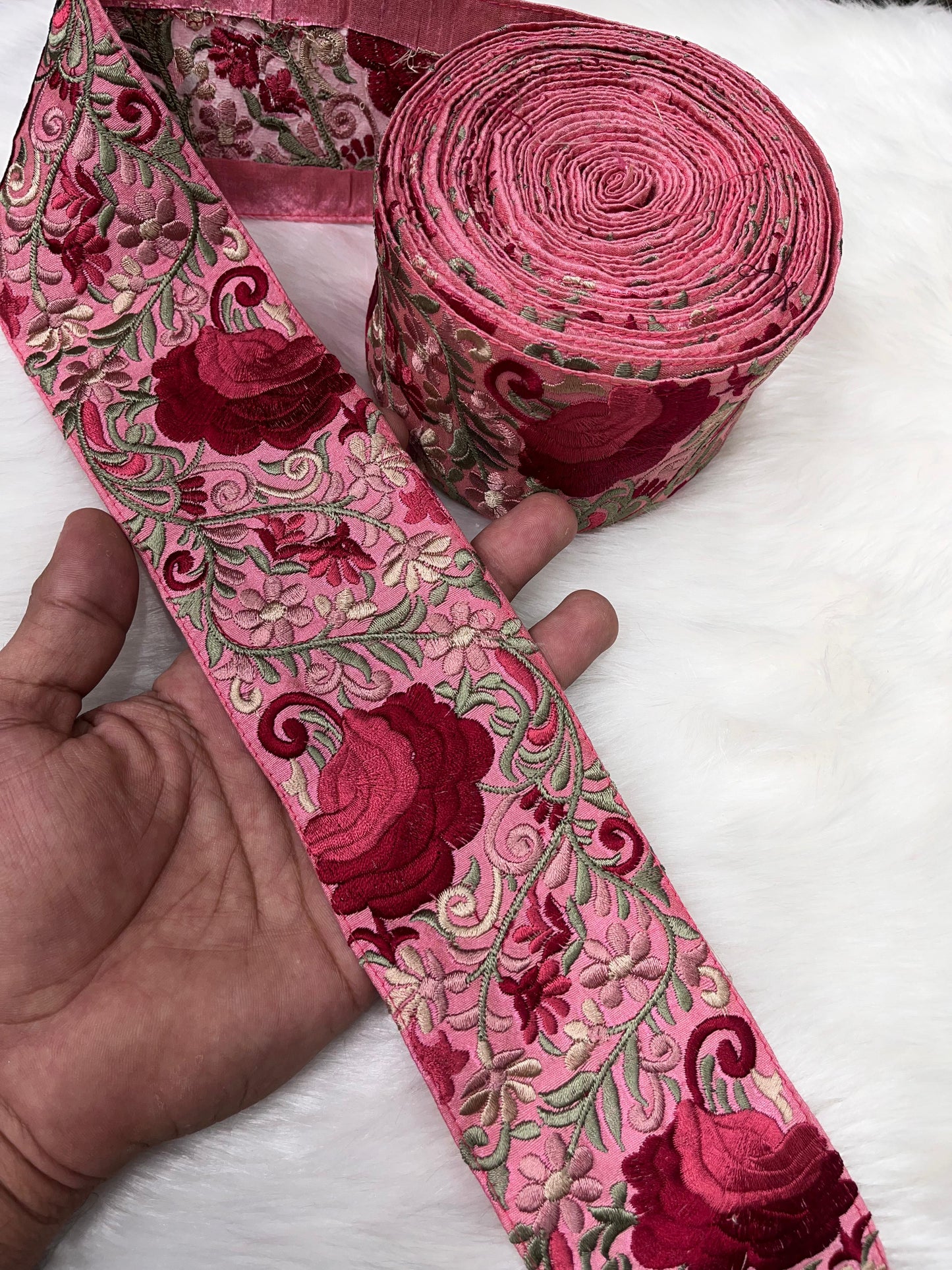 Beautiful Thread Work Parsi Lace Trim - Timeless Elegance | Pink