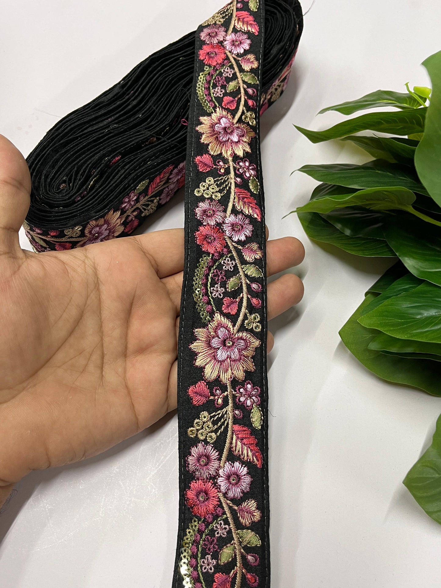 Gorgeous Floral and Leaf Thread Embroidery Trim – Decorative Lace Border for Sarees, Dresses & Crafts – 9 Meter | Pink Multi Black