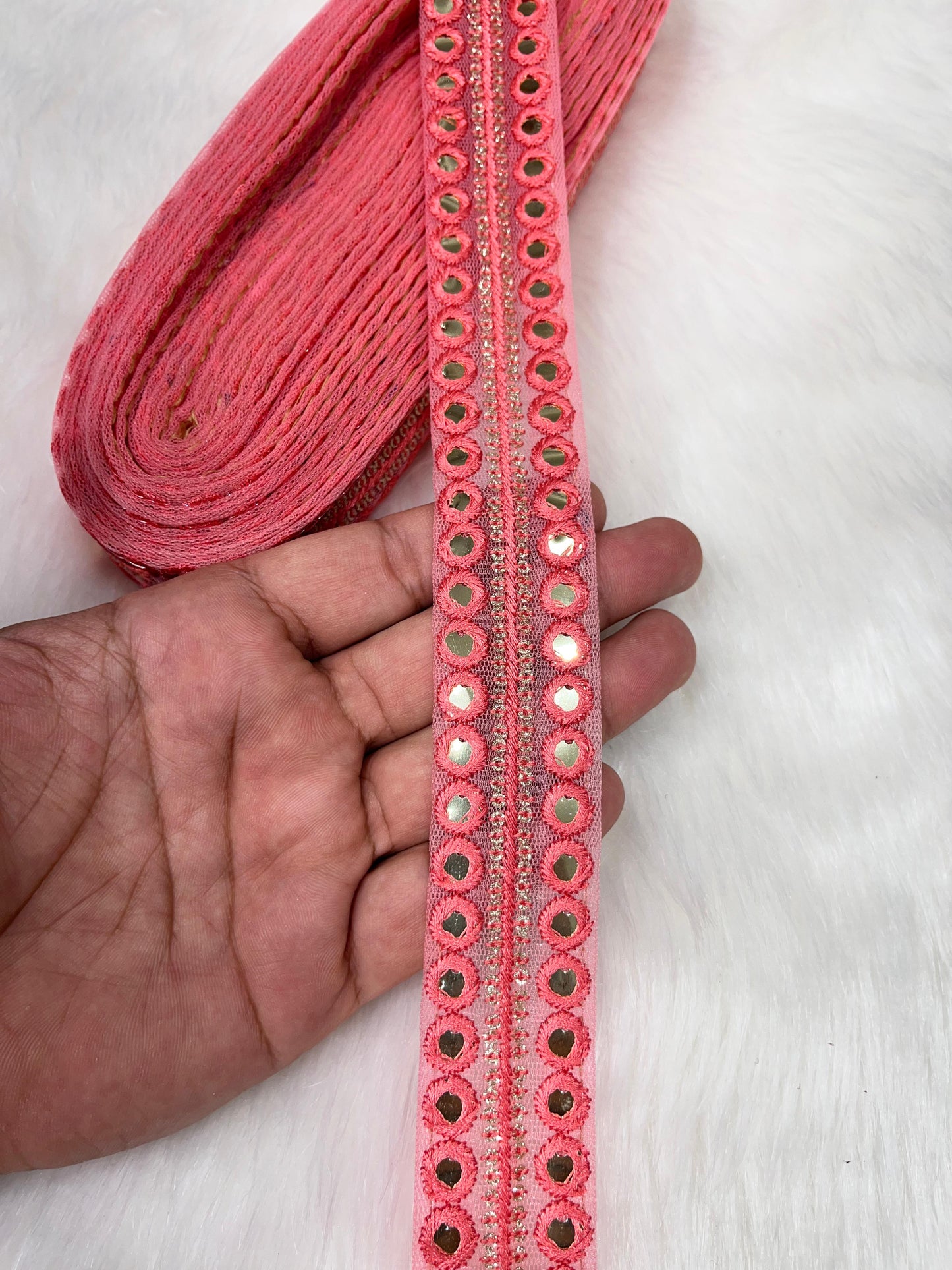 Mirror Lace Border Trims - 9 Meter Decorative Mirror Work Embellishments | Pink