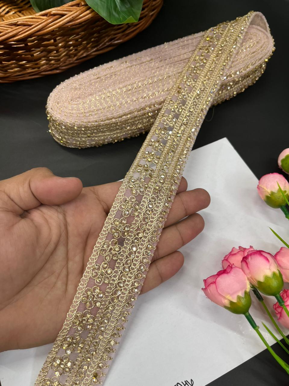 Gorgeous Diamond Work Lace & Borders – Premium Maggam Work Trim for Sarees, Lehengas & Dupattas (9 Meter, 2 Inch Width) | Pink