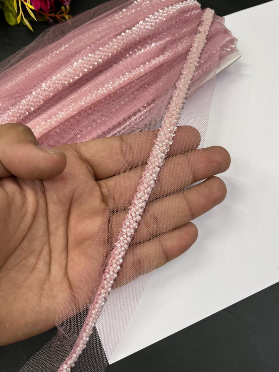 Imported Beaded Lace Trims – Premium Half-Inch Designer Lace for Sarees, Dupattas, Lehengas & Couture Wear (9 Meter) | Pink