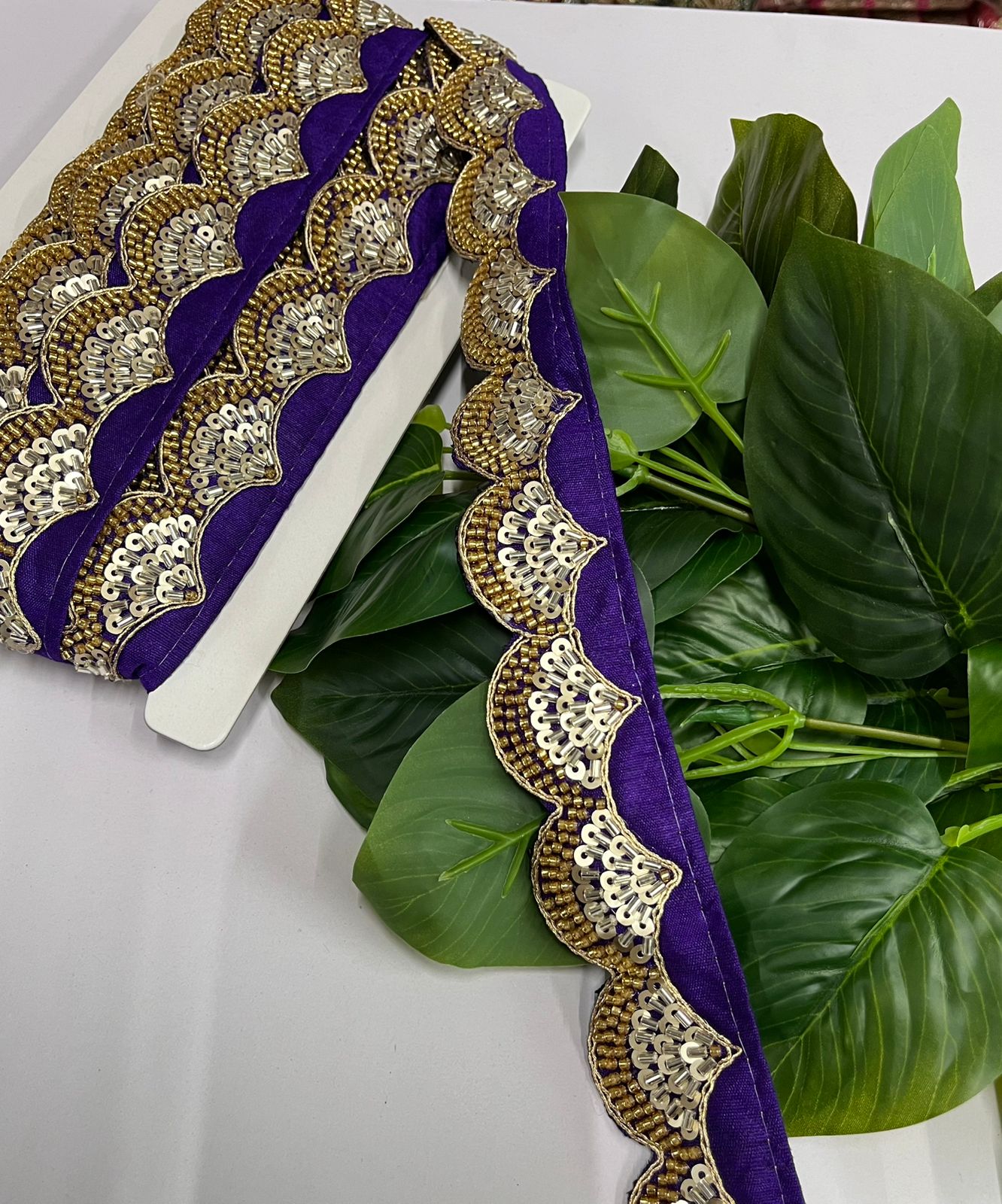 Maggam Work Embroidered Lace - 9 Meter Roll | Elegant 1.5 Inch Wide Decorative Border | Purple