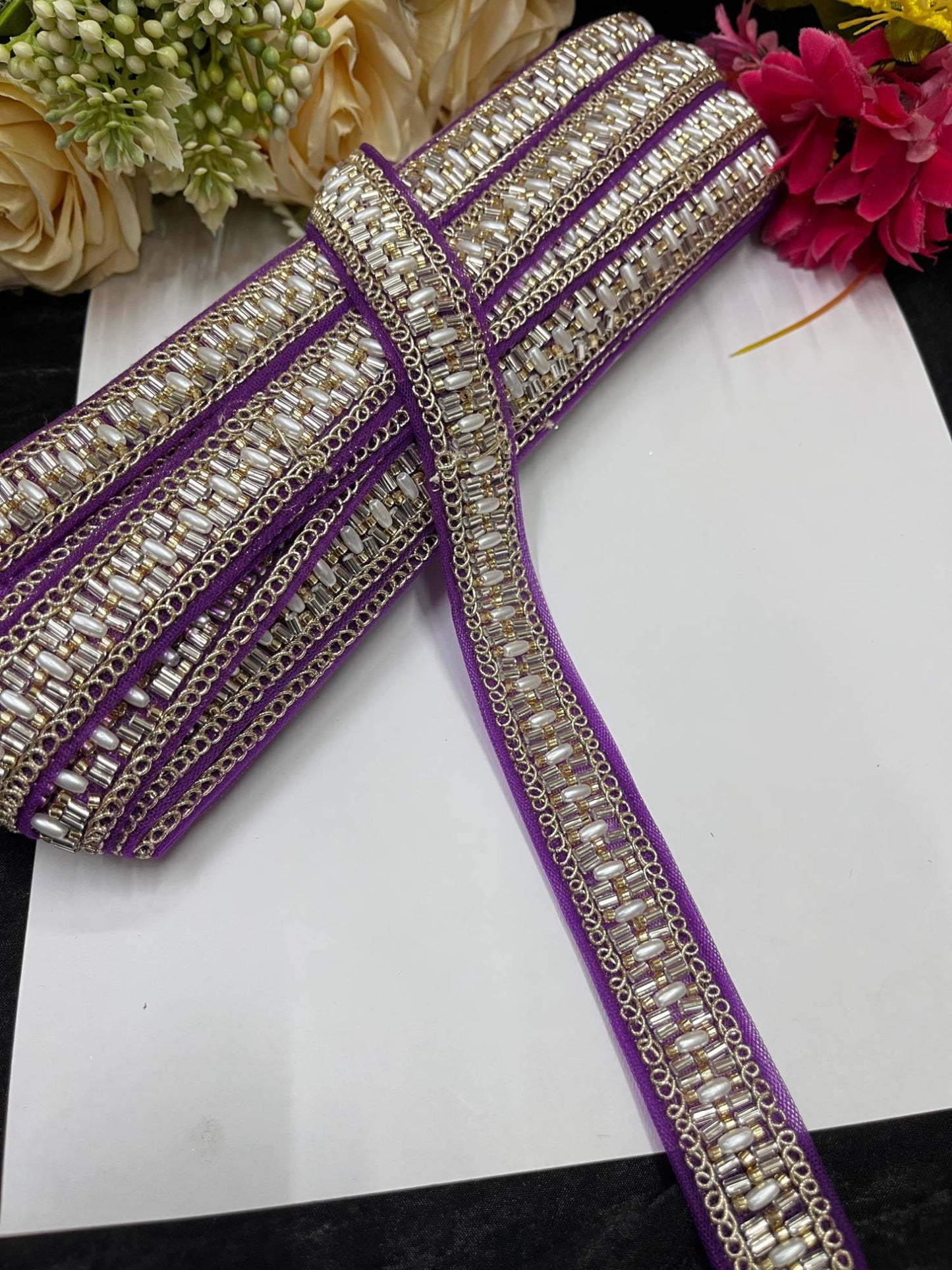 Delicate Pearl Work Designer Saree Laces – 9 Meters, 1-Inch Maggam Work Border for Sarees, Lehengas & Dupattas | Purple