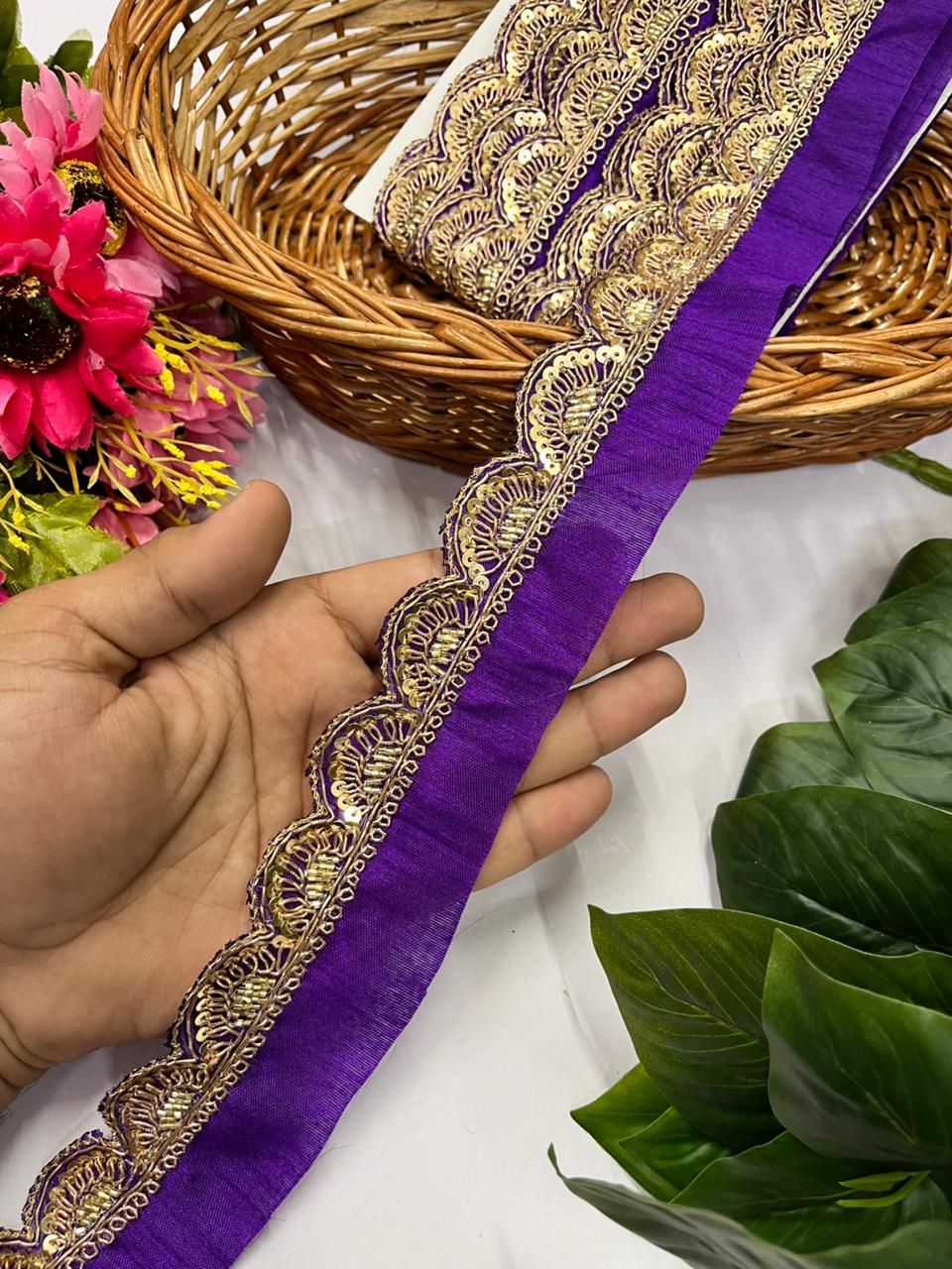 Handmade Scalloped Zardozi Maggam Work Saree Lace Borders – Premium Designer Maggam Lace | Purple