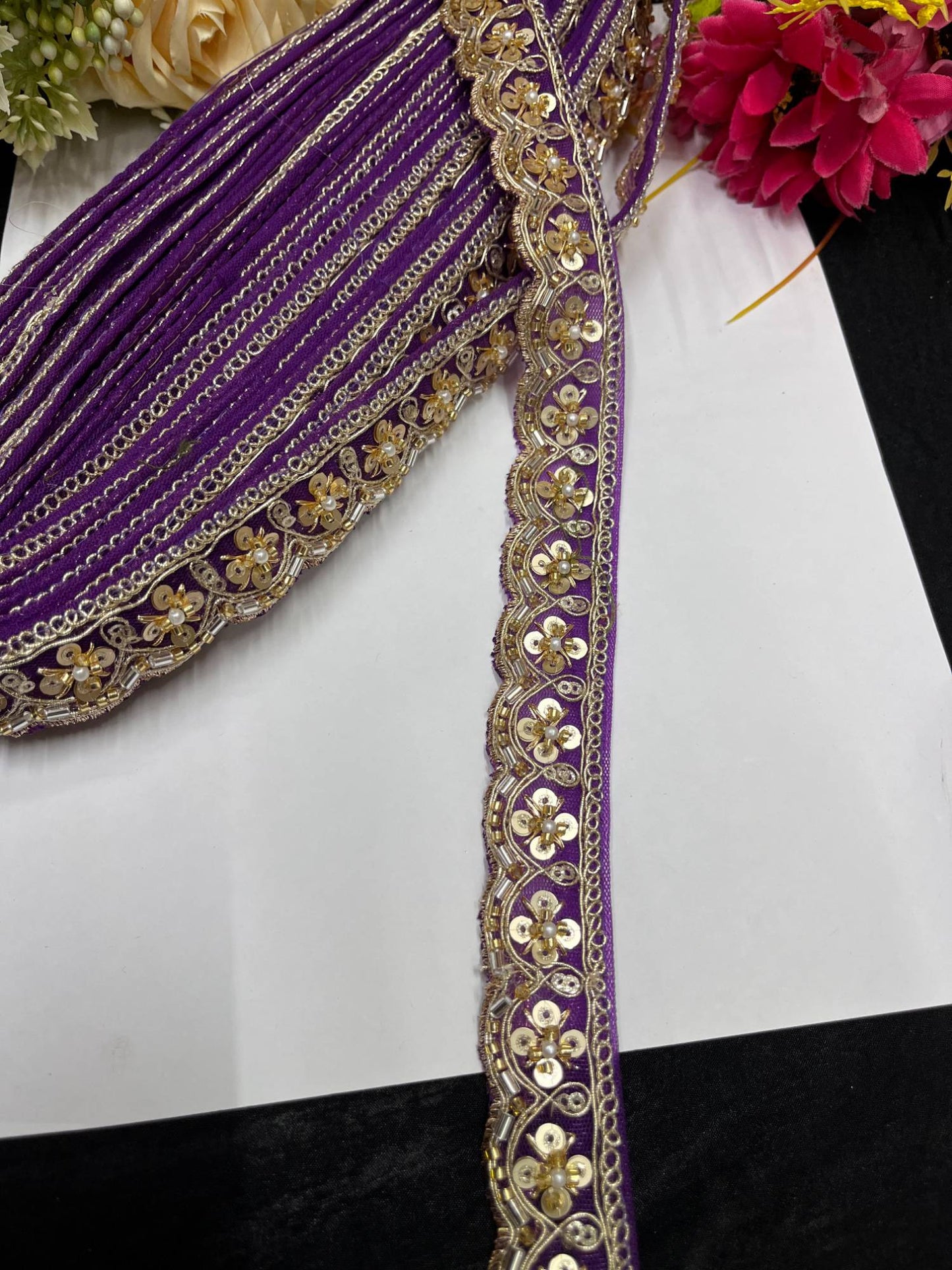 Handcrafted Katdana Saree Laces – 9 Meters, 1-Inch Maggam Work Embellished Border for Sarees, Lehengas & Dupattas | Purple