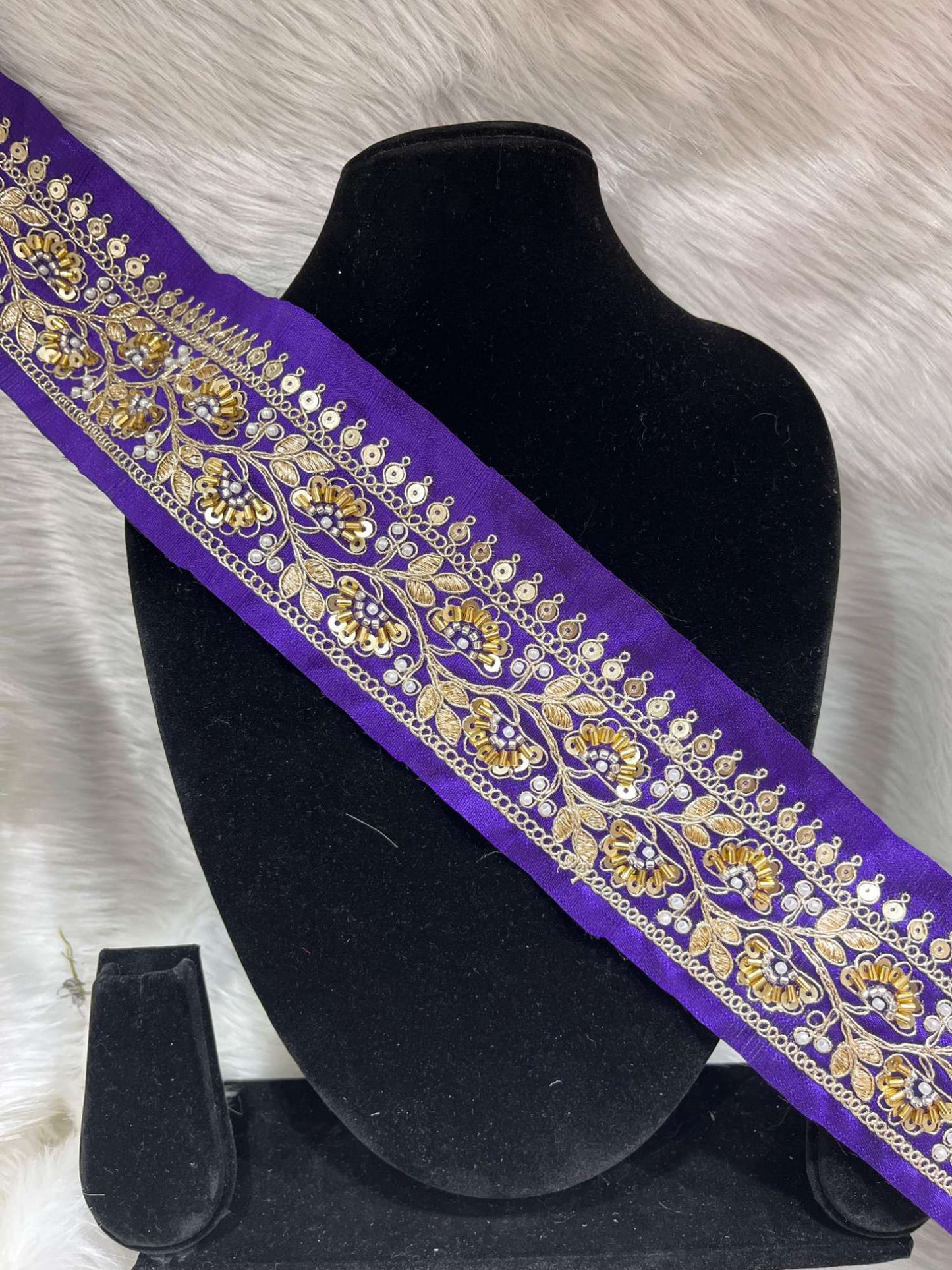 Exclusive Beaded Embroidered Lace – 9 Meters, 2-Inch Maggam Work Border Trim for Sarees & Lehengas | Purple