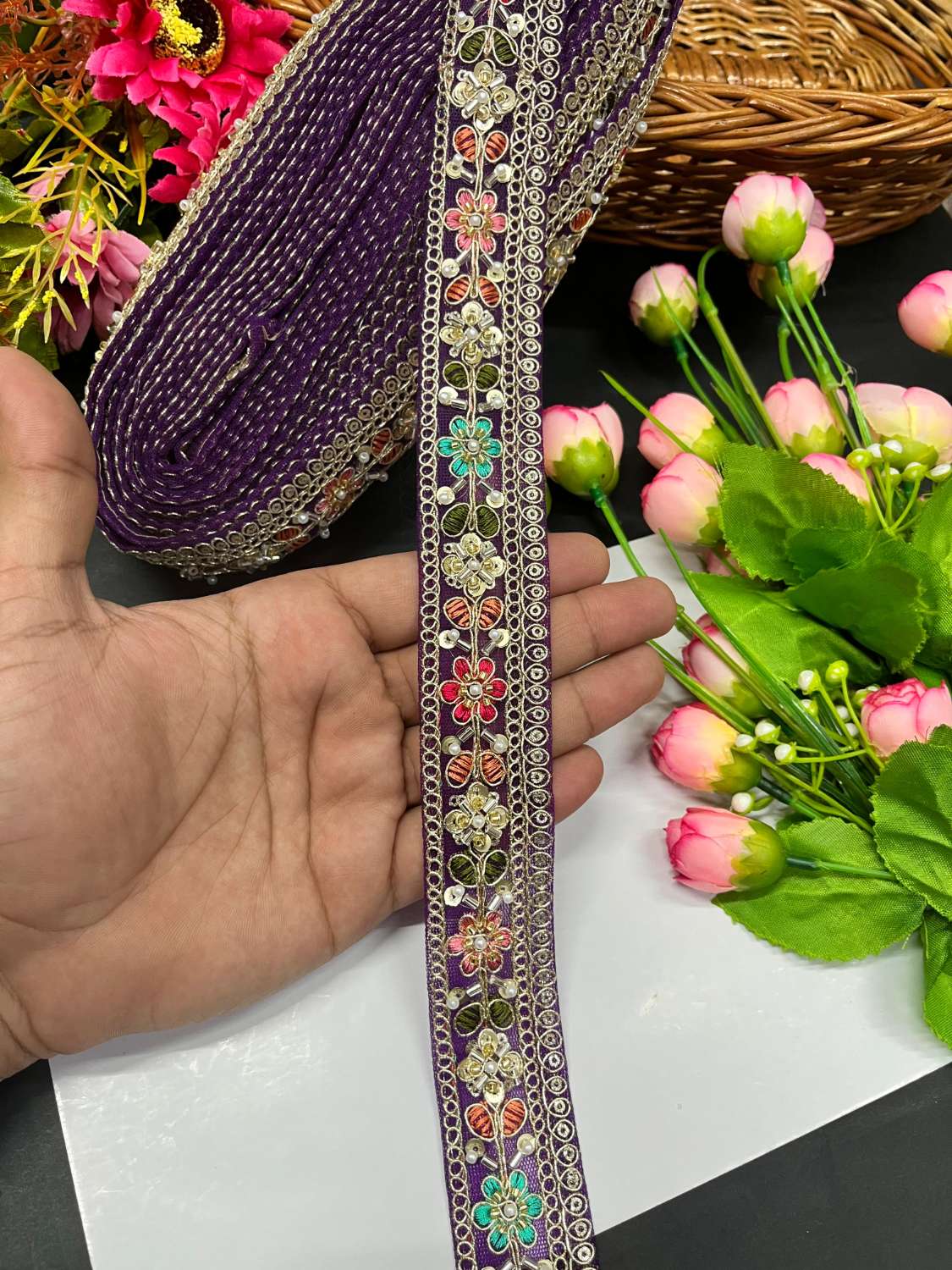 Beautiful Multicoloured Cutdana Beaded Saree Lace & Dupatta Lace – Premium Maggam Work Border Trim (9 Meter, 1.5 Inch Width) | Purple