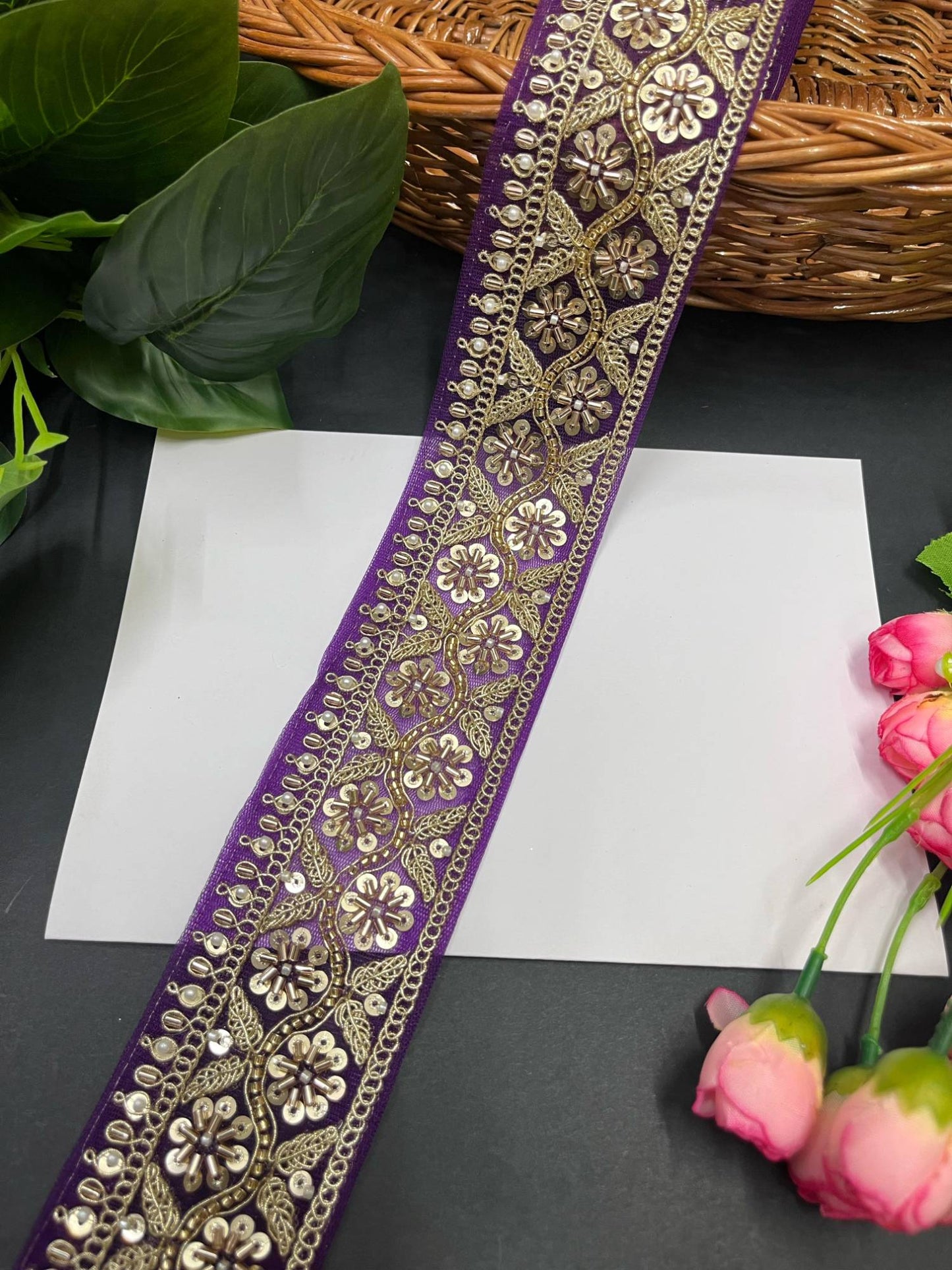 Katdana and Beaded Saree Lace – 9 Meters, 2.5-Inch Maggam Work Embroidered Border for Lehengas & Dupattas | Purple