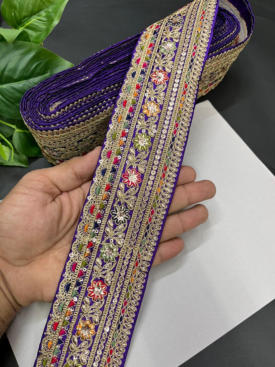 Classic Embroidered Sabyasachi Inspired Saree Lace Borders – Luxury Designer Embellished Lace for Sarees, Lehengas & Dupattas (9 Meter, 2.5 Inch Width) | Purple