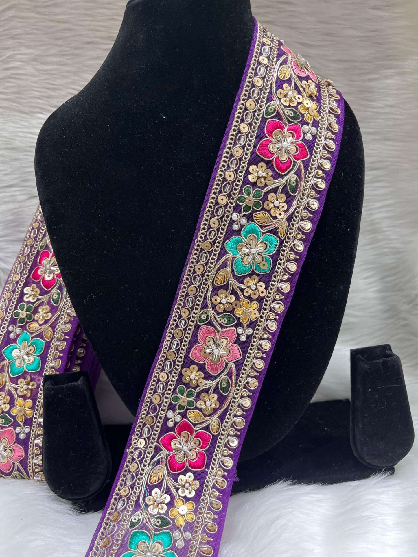 Embroidered Beaded Sequins Lace Borders on Net Fabric – 9 Meters, 2.5-Inch Maggam Work Trim for Sarees & Lehengas | Purple