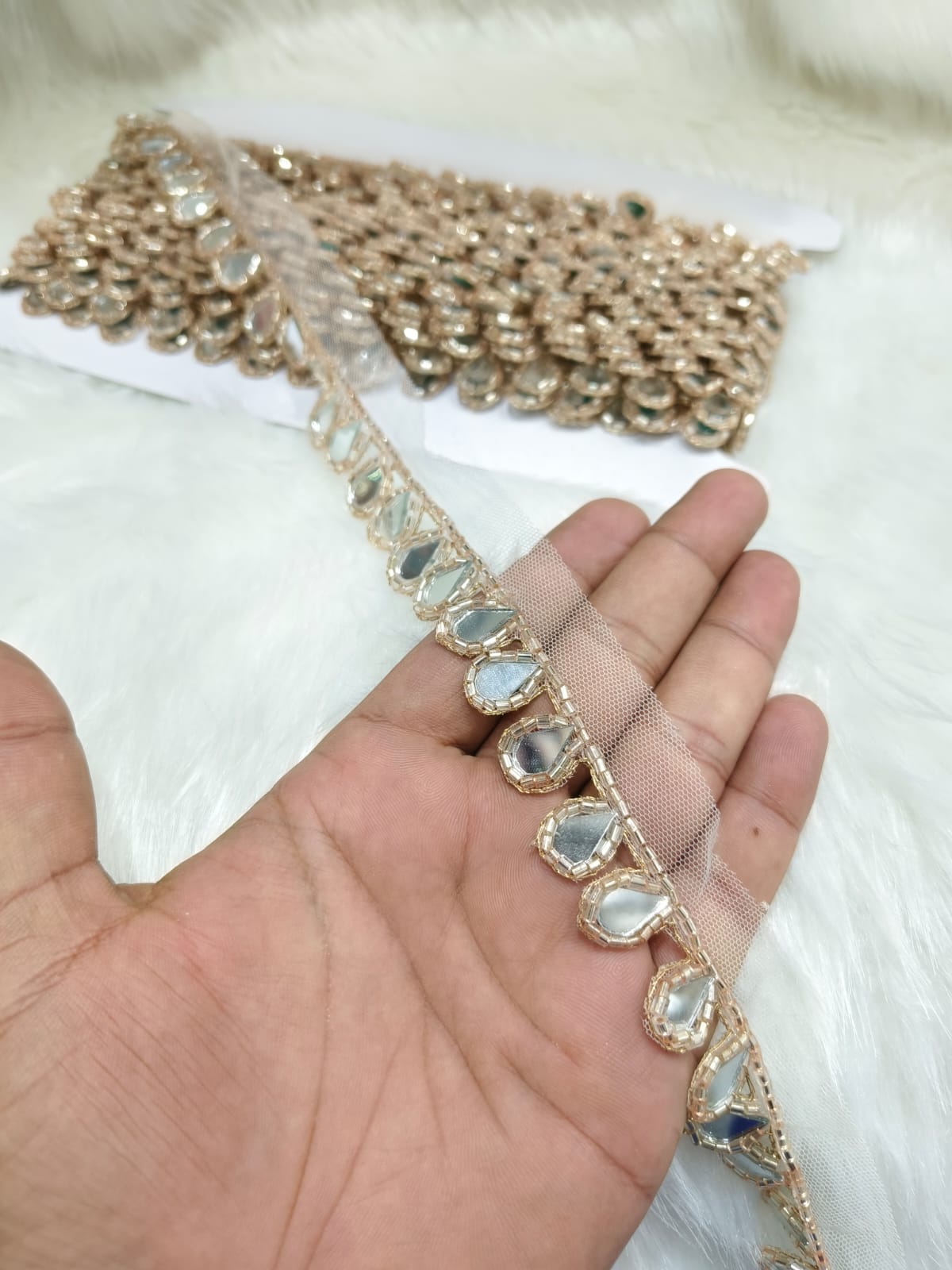 Handmade Cutdana Mirror Work Lace Borders – Premium Quality, Intricate Embellishments for Sarees, Lehengas, Dupattas, and Luxury Home Decor - Rose Gold