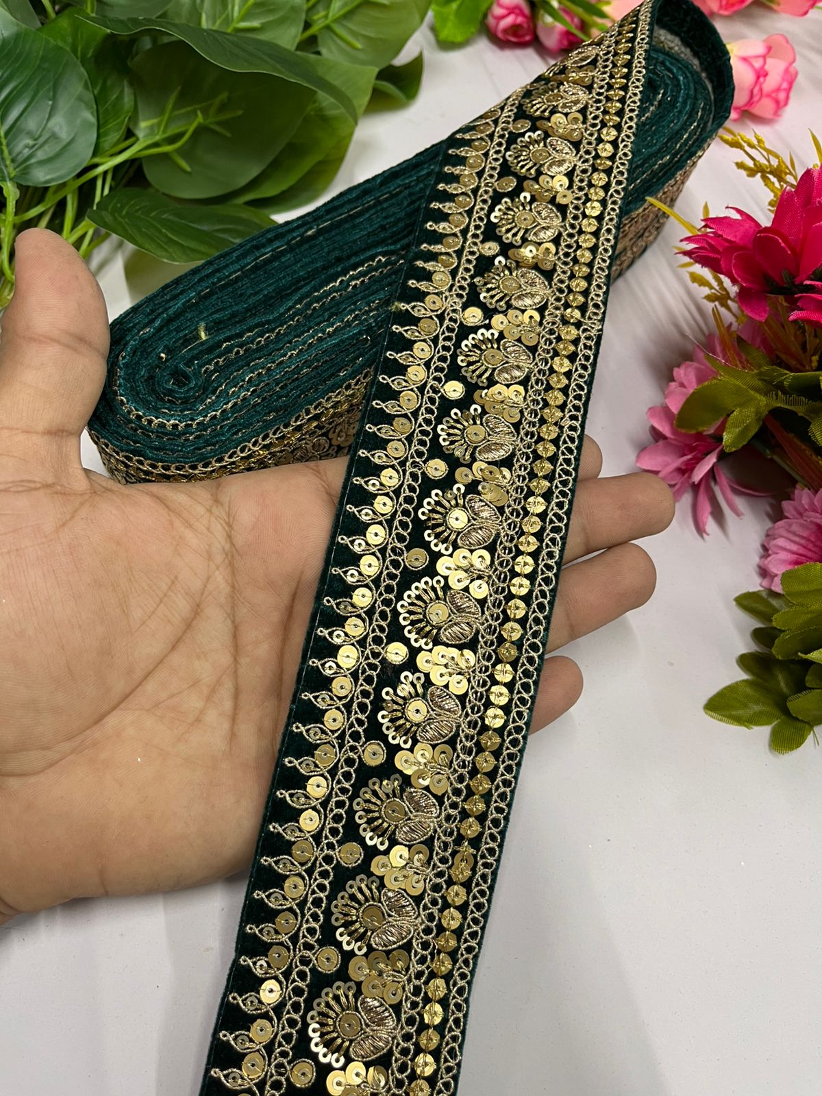 Gold Zari Sequins Embroidered Velvet Lace Border | Velvet Designer Lace (9 Mtr) | Rama Green