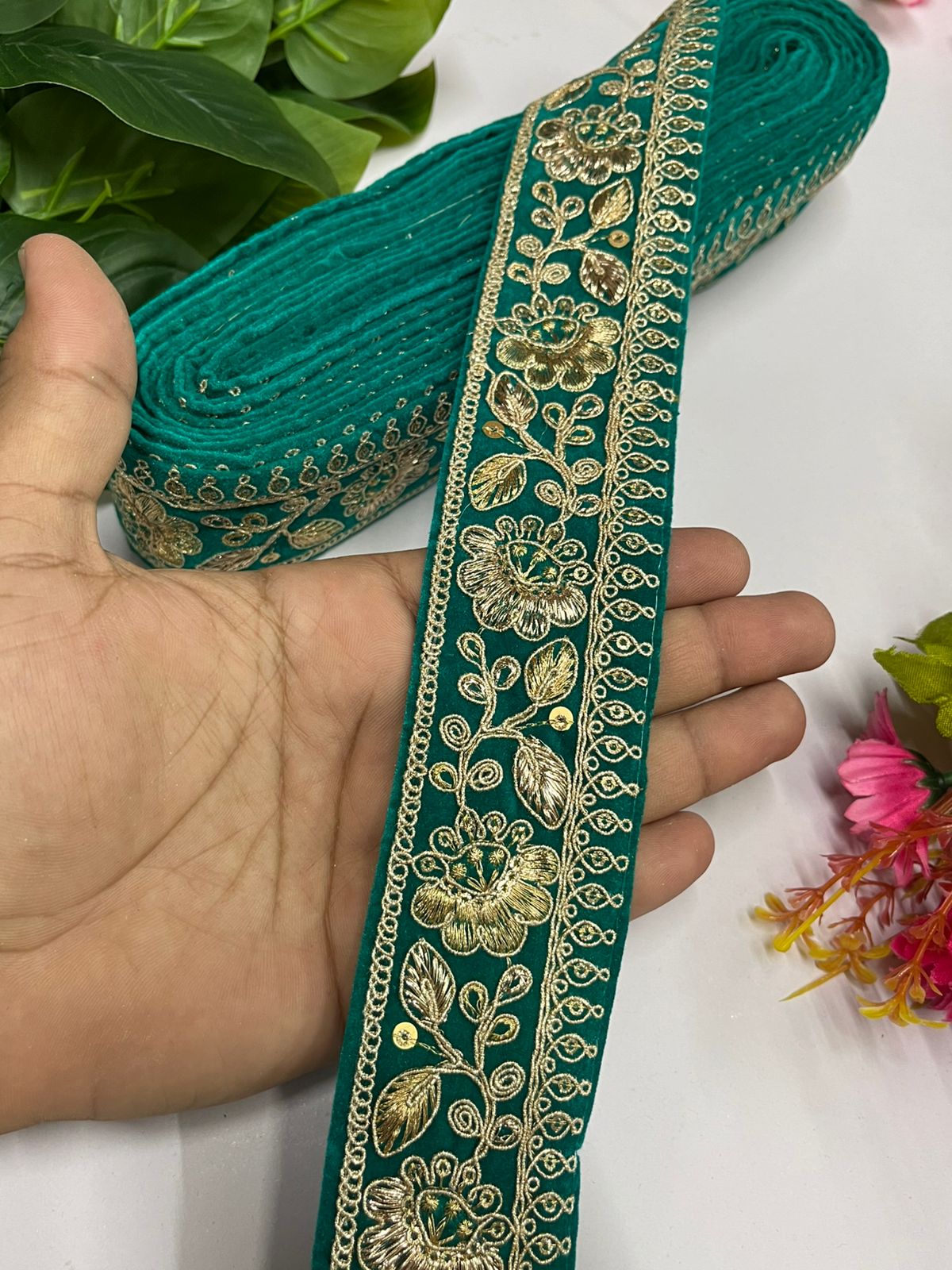 Zari Sequins Embellished Velvet Embroidered Saree Lace | Velvet Fabric Lace Border (9 Mtr) | Rama Green