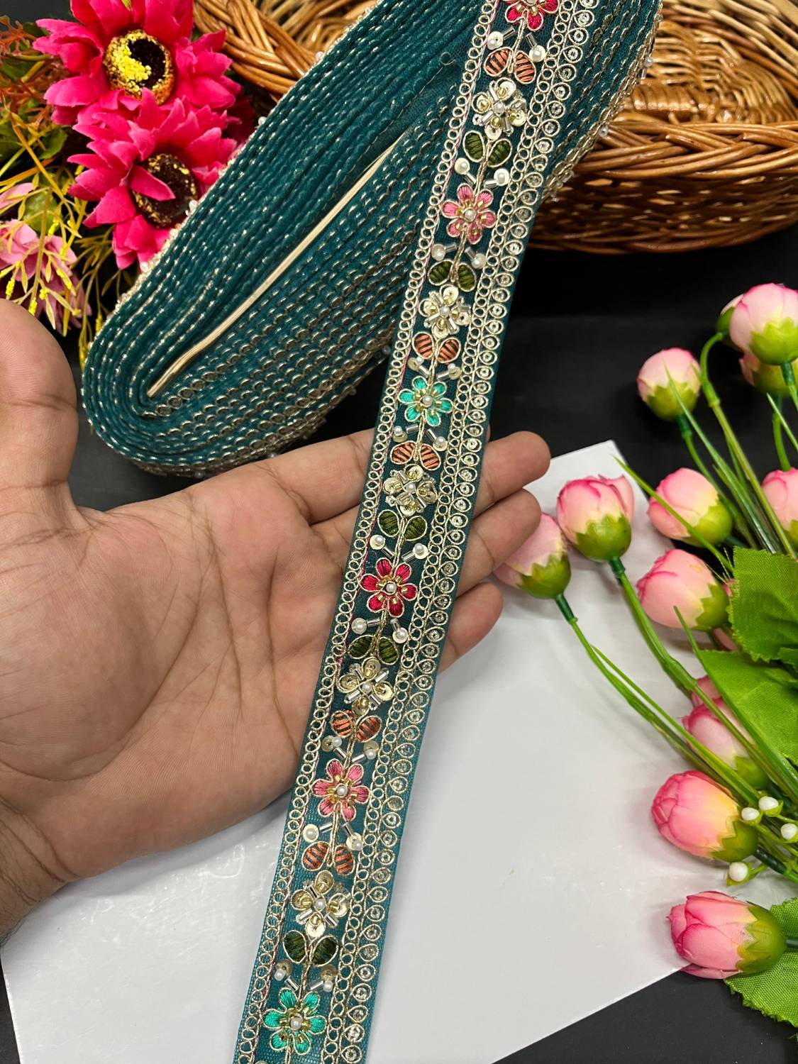 Beautiful Multicoloured Cutdana Beaded Saree Lace & Dupatta Lace – Premium Maggam Work Border Trim (9 Meter, 1.5 Inch Width) | Rama Green