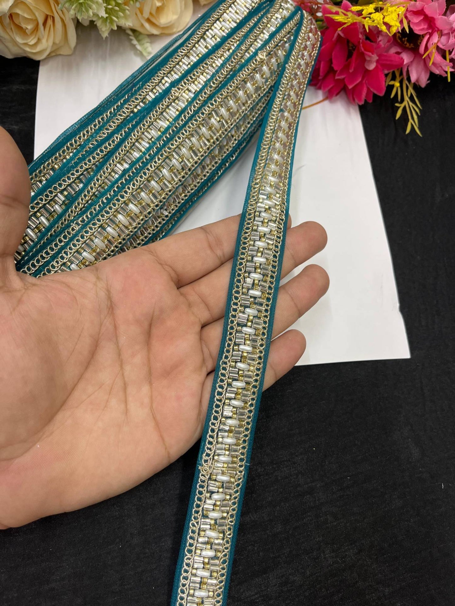 Delicate Pearl Work Designer Saree Laces – 9 Meters, 1-Inch Maggam Work Border for Sarees, Lehengas & Dupattas | Rama Green