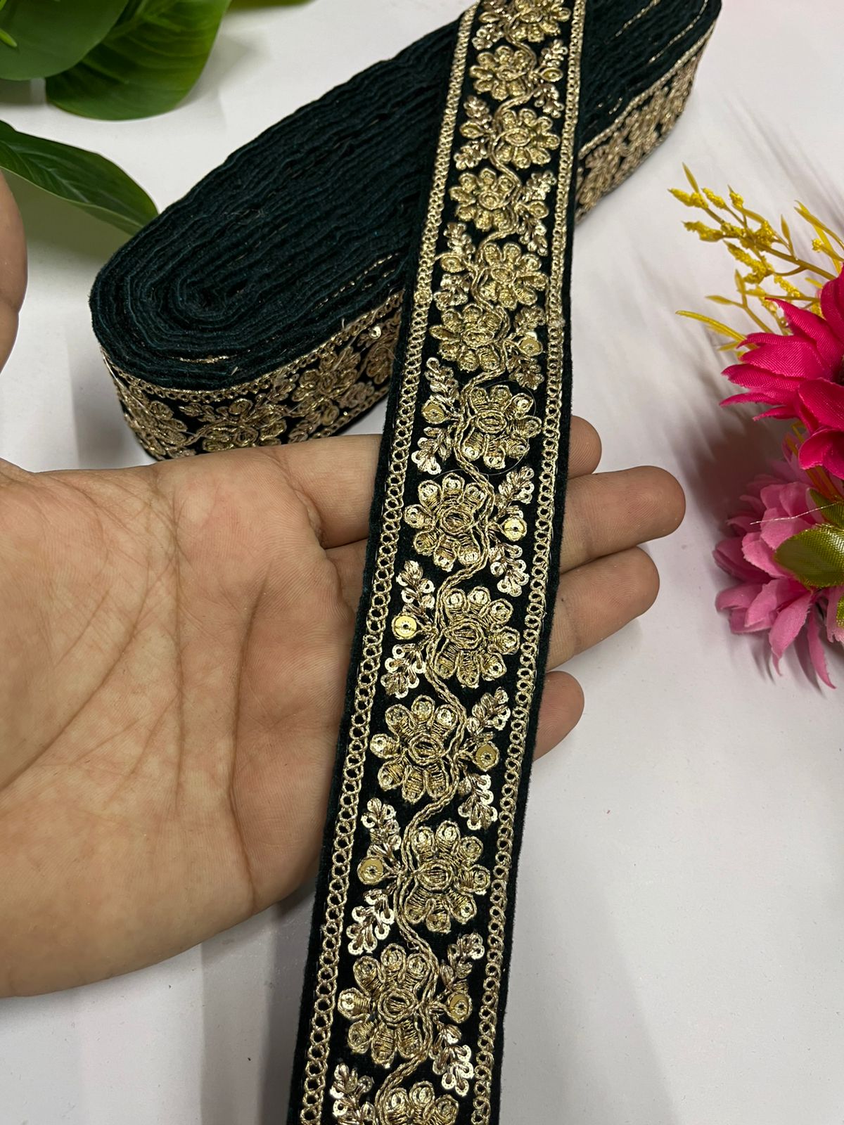 Velvet Saree and Dupatta Lace | Gold Embroidered Velvet Fabric Designer Lace (9 Mtr) | Rama Green