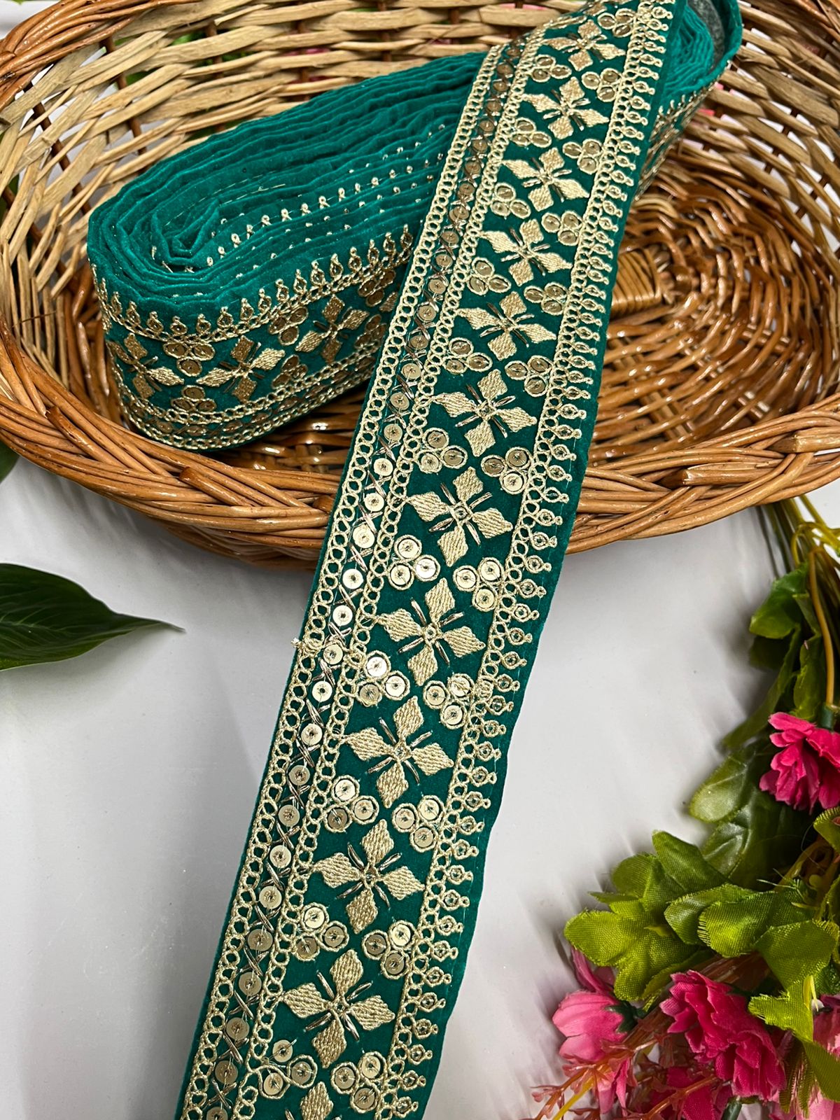 Zari Sequins Embellished Velvet Embroidered Saree Lace | Velvet Fabric Lace Border (9 Mtr) | Rama Green