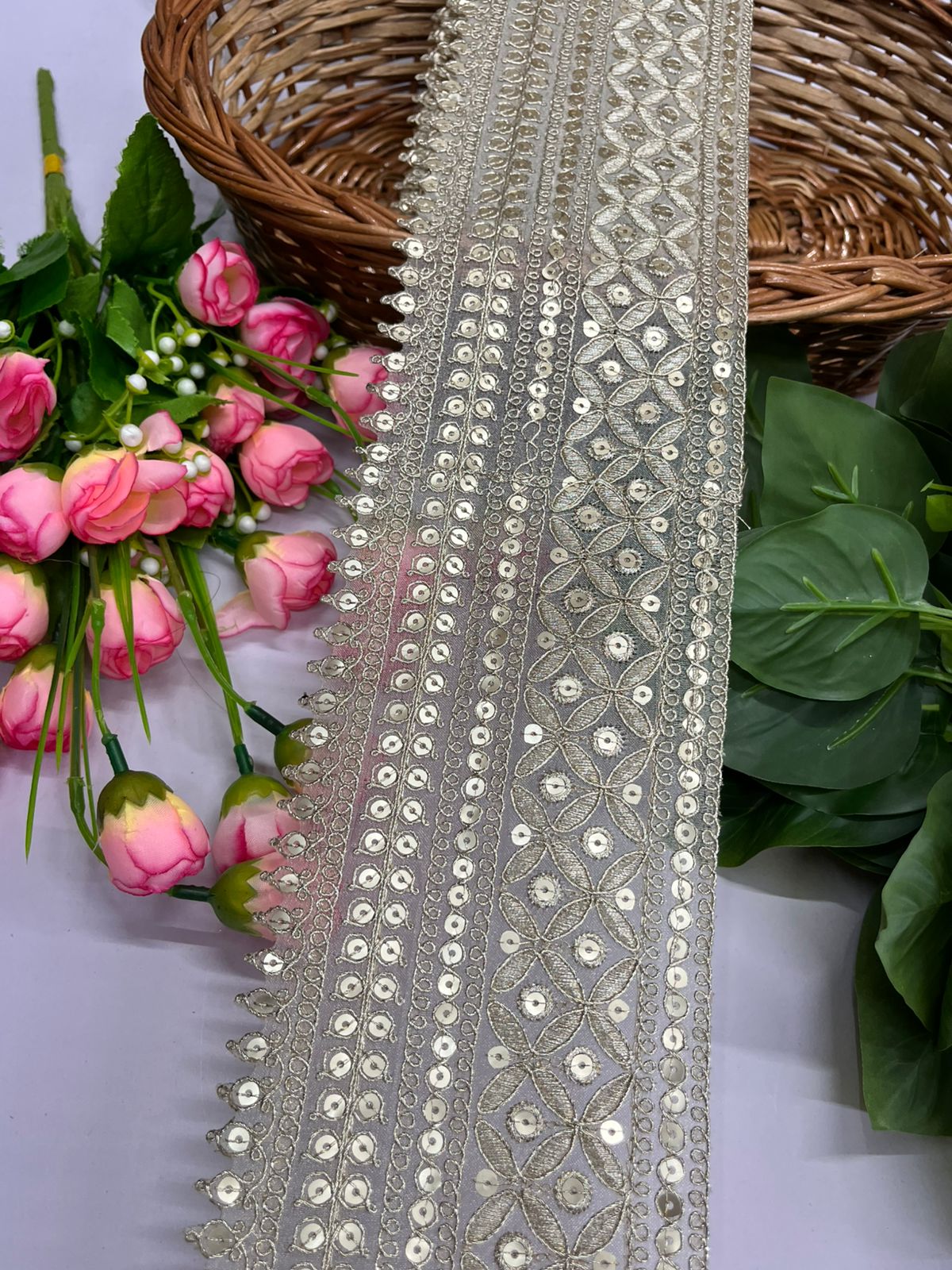 Embroidered Lace Design, Sewing Craft Ribbon, Saree Lace - 9 Meter (4 Inch Width, pani Gold)
