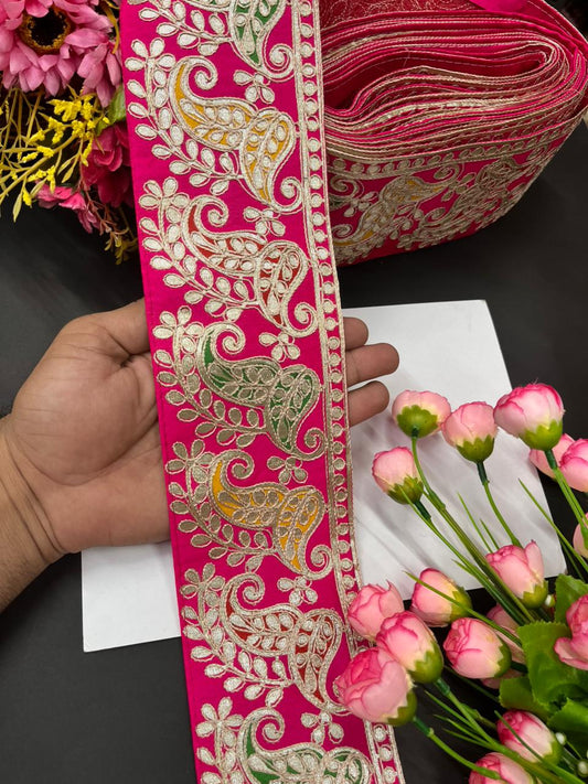 Exclusive Paisley Pure Gota Work Saree Laces – Premium Designer Border for Sarees, Lehengas & Dupattas (9 Meter, 4 Inch Width) | Rani Pink