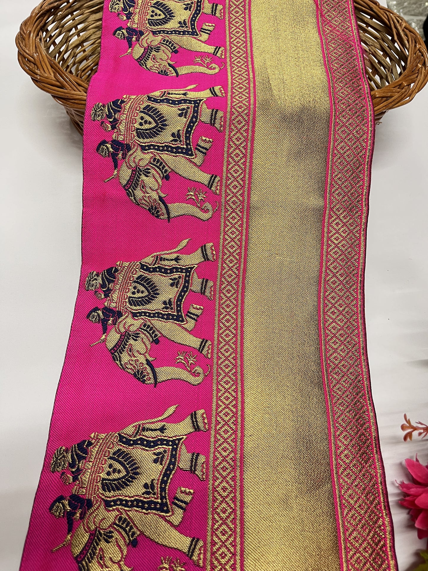 Elephant Banarasi Border – 9 Meter, 8 Inch Width – Traditional Embellished Banarasi Lace, Rani Pink