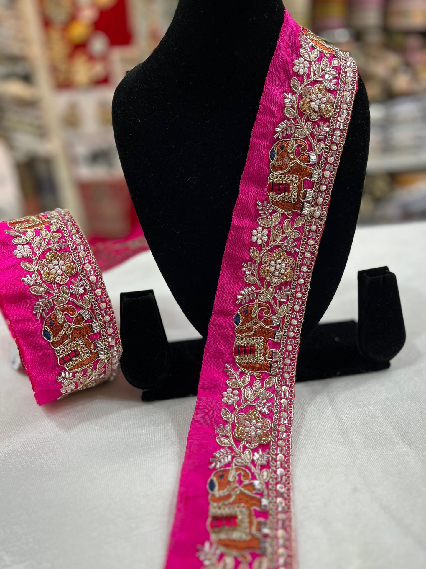 Elephant Handwork Cutdana & Pearl Embroidered Lace Border – 9 Meters, 3-Inch Width | Rani Pink