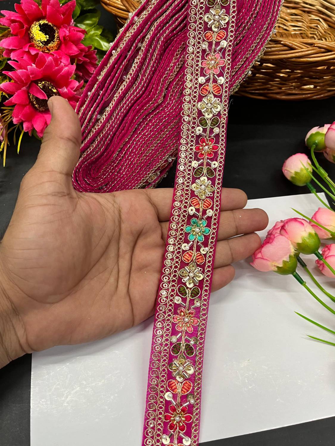 Beautiful Multicoloured Cutdana Beaded Saree Lace & Dupatta Lace – Premium Maggam Work Border Trim (9 Meter, 1.5 Inch Width) | Rani Pink