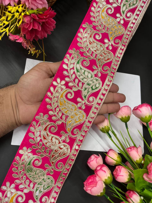Exclusive Paisley Pure Gota Work Saree Laces – Premium Designer Border for Sarees, Lehengas & Dupattas (9 Meter, 4 Inch Width) | Rani Pink