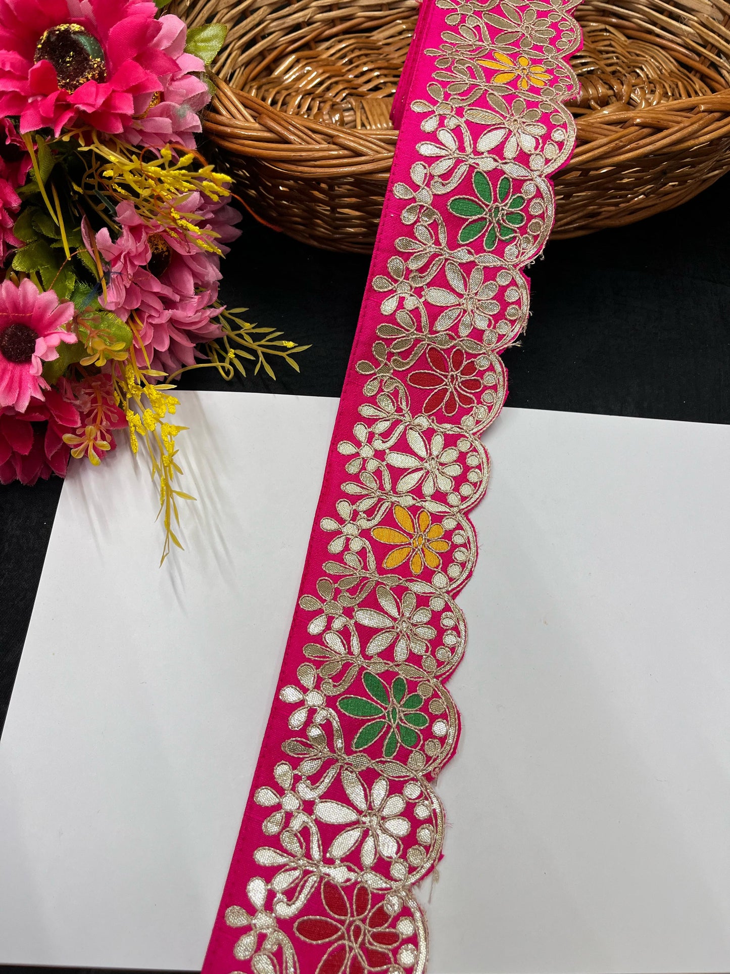 Handcrafted Gota Patti Lace – 9 Meters, 2.75-Inch Traditional Decorative Border Trim for Sarees, Lehengas & Dupattas - Rani Pink