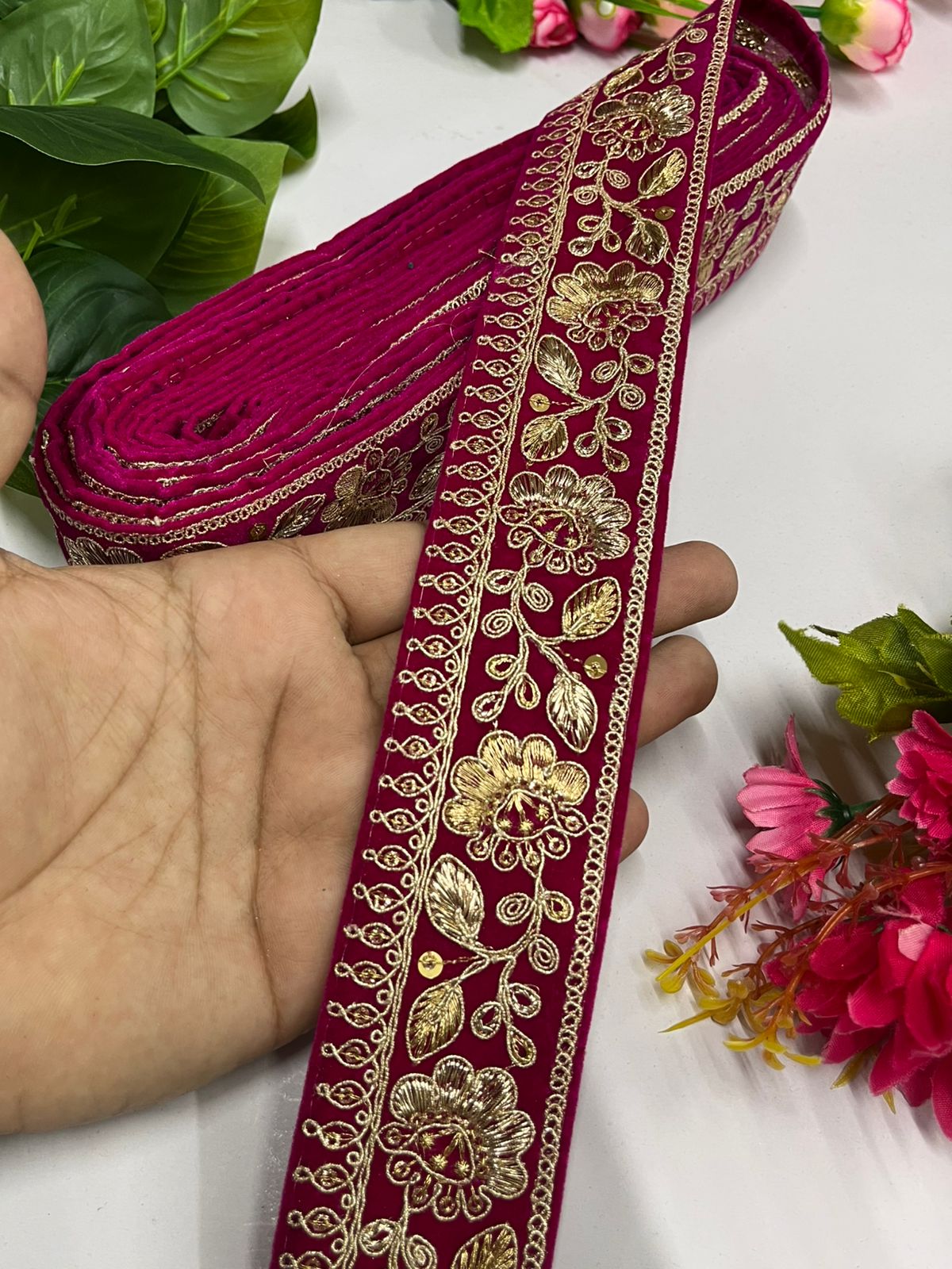 Zari Sequins Embellished Velvet Embroidered Saree Lace | Velvet Fabric Lace Border (9 Mtr) | Rani Pink