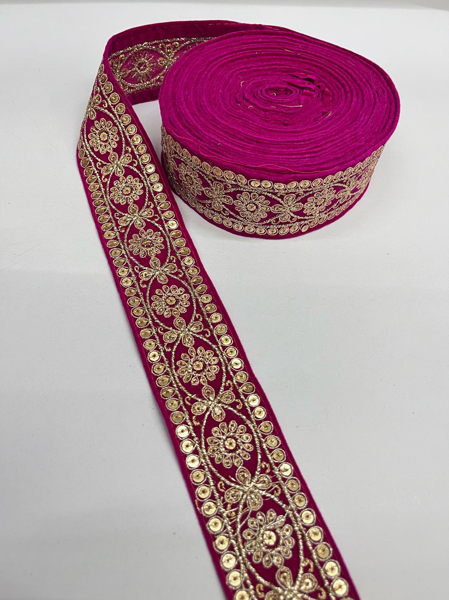 Gold Zari Velvet Sequin Embroidered Lace Border – 9 Meters, 2-Inch Width | Rani Pink