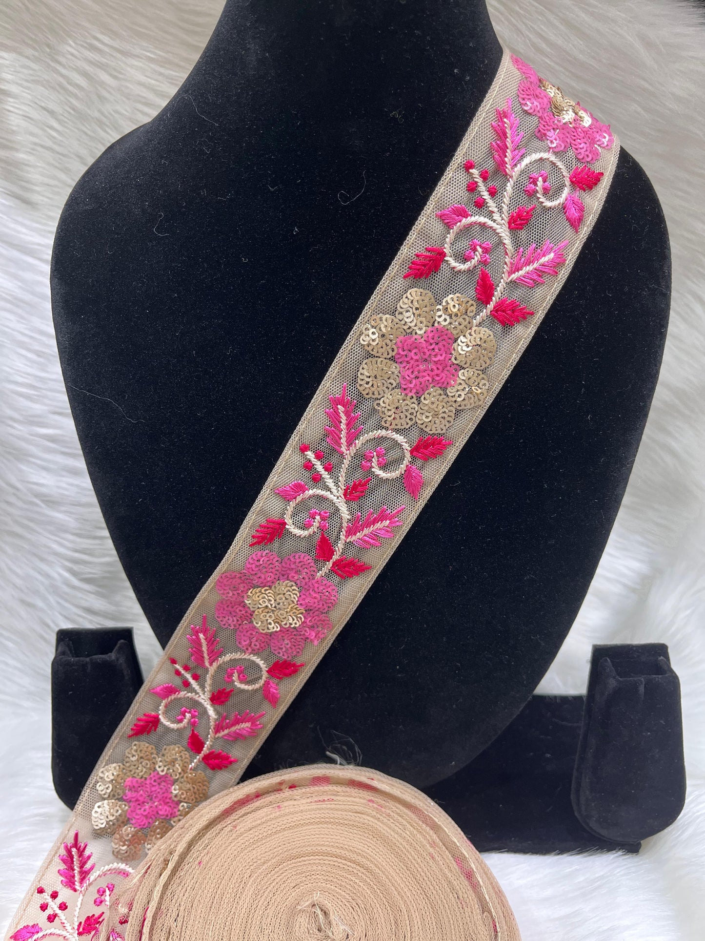 Beautiful Sequence Lace Trim on Net Fabric - 9 Meter | Rani Pink