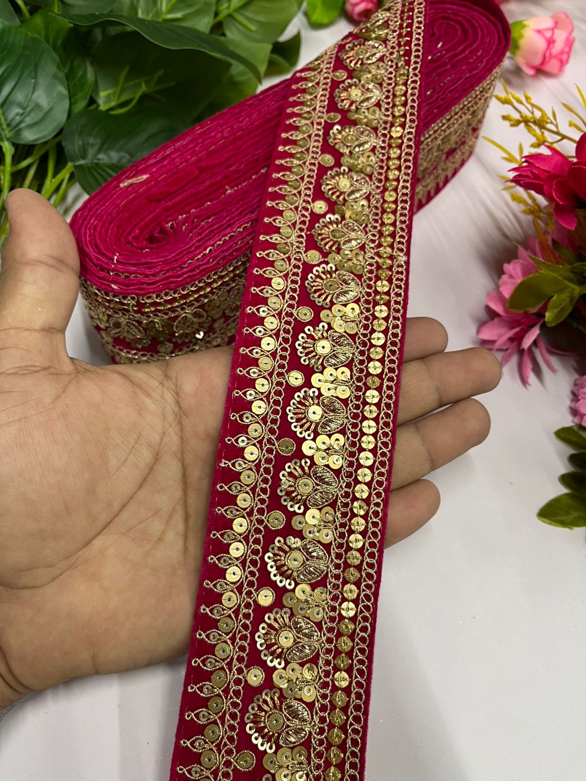 Gold Zari Sequins Embroidered Velvet Lace Border | Velvet Designer Lace (9 Mtr) | Rani Pink