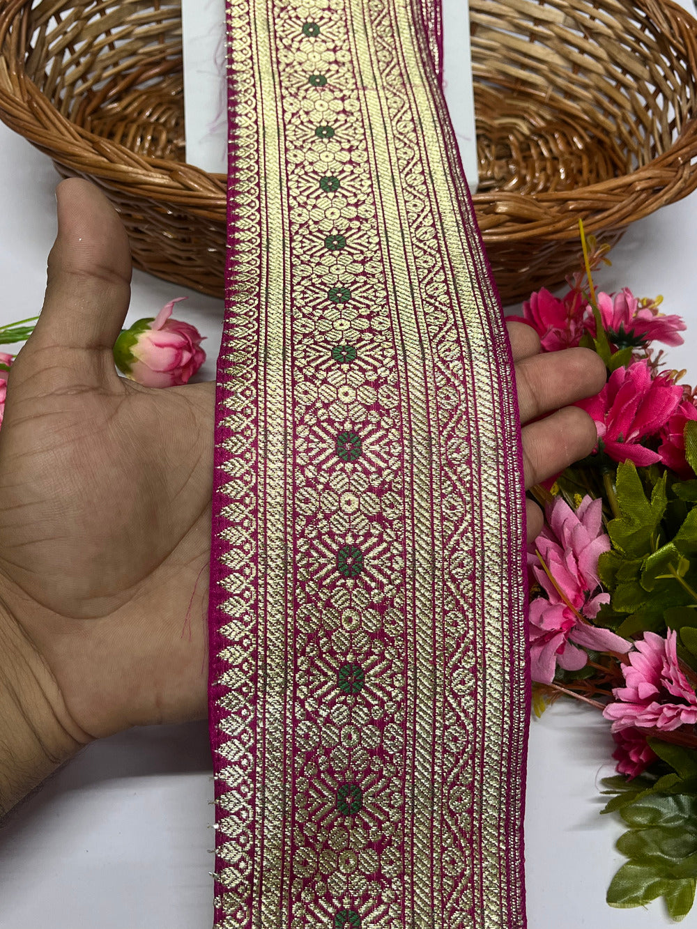Handcrafted Banarasi Lace Border – 9 Meter, 3.5 Inch Width – Traditional Banarasi Lace, Rani Pink