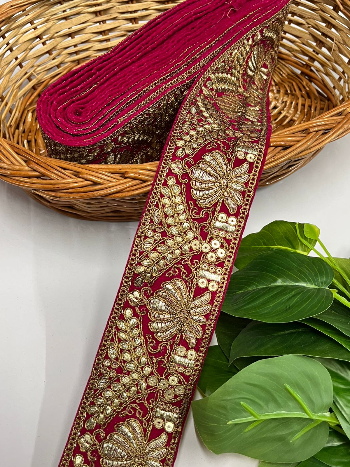Velvet Lace Design with Zari Work Lace Reel for Dupatta, Kurtis, Suits, Bags, and Lehengas (9 Mtr) | Rani Pink
