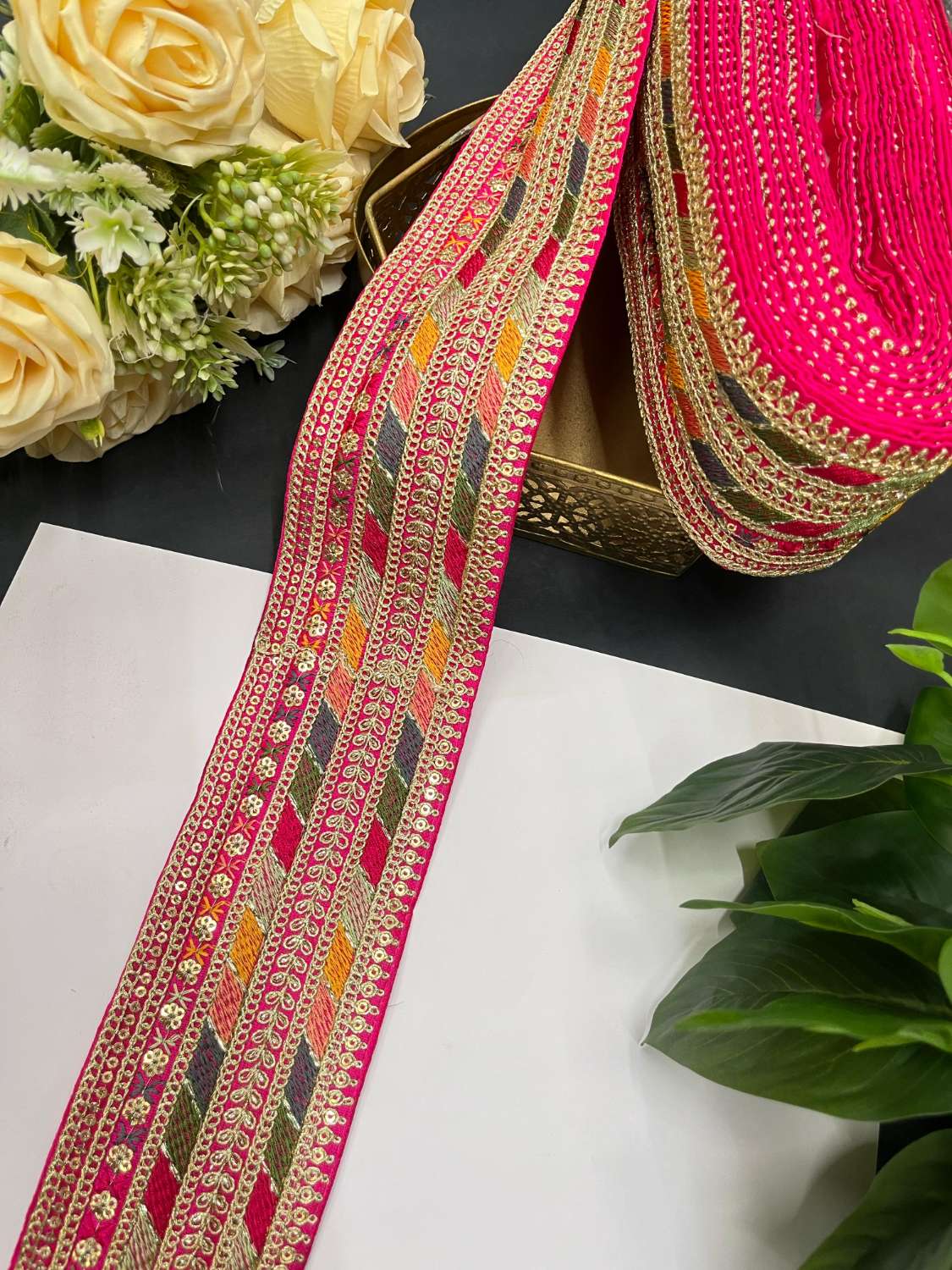 Sabyasachi Inspired Embroidery Lace – 9 Meters, 3-Inch Width | Rani Pink