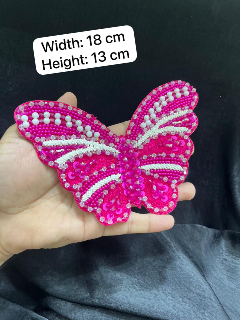 Handcrafted Crystal Butterfly Decorative Patch – Premium Designer Embellished Applique for Dresses & Ethnic Wear | Rani Pink