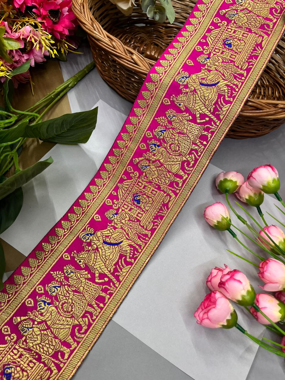 Excellent Banarasi Lace – Premium 4 Inch Traditional Woven Border for Sarees, Dupattas & Ethnic Wear (9 Meter) | Rani Pink