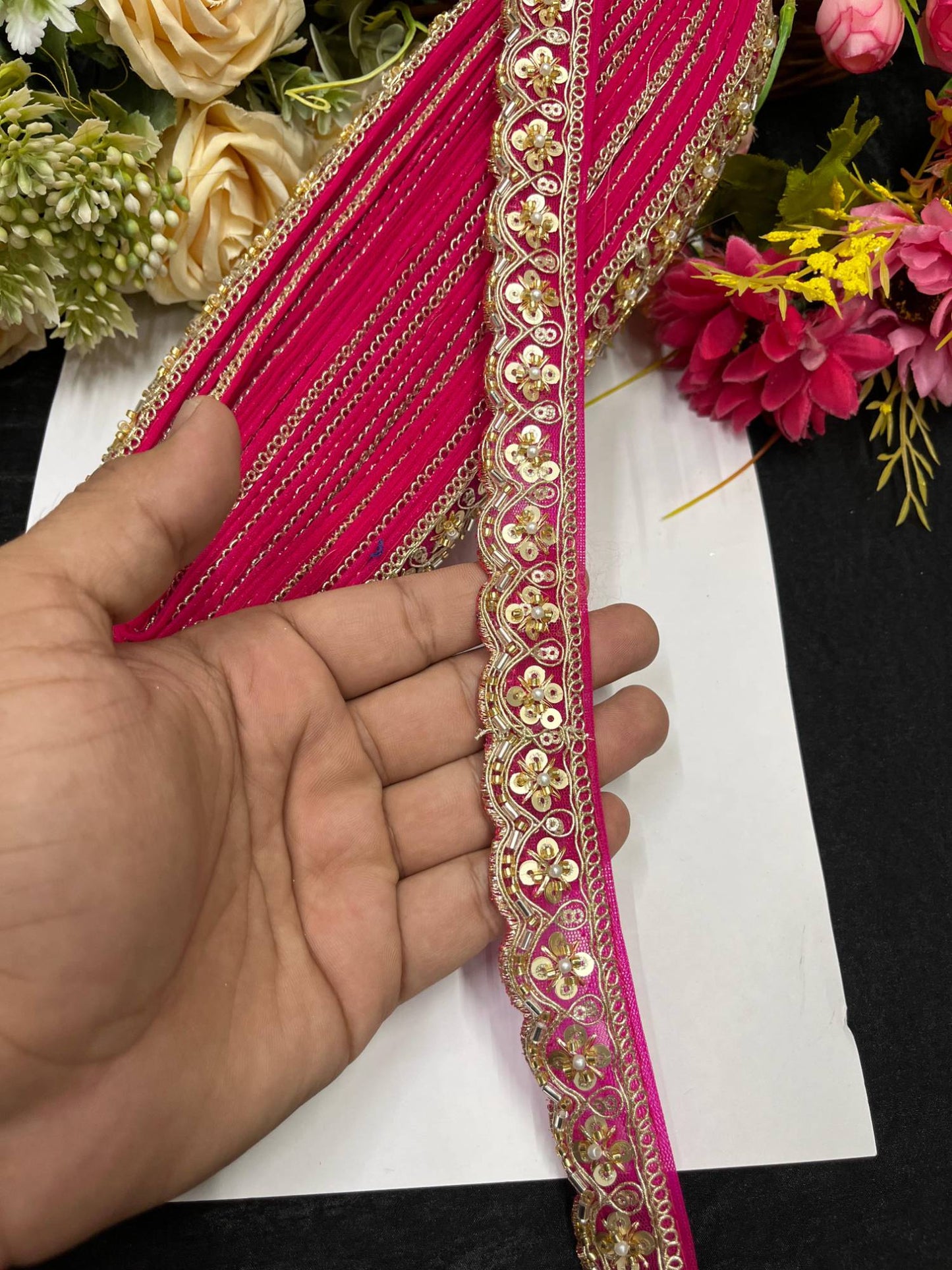 Handcrafted Katdana Saree Laces – 9 Meters, 1-Inch Maggam Work Embellished Border for Sarees, Lehengas & Dupattas | Rani Pink