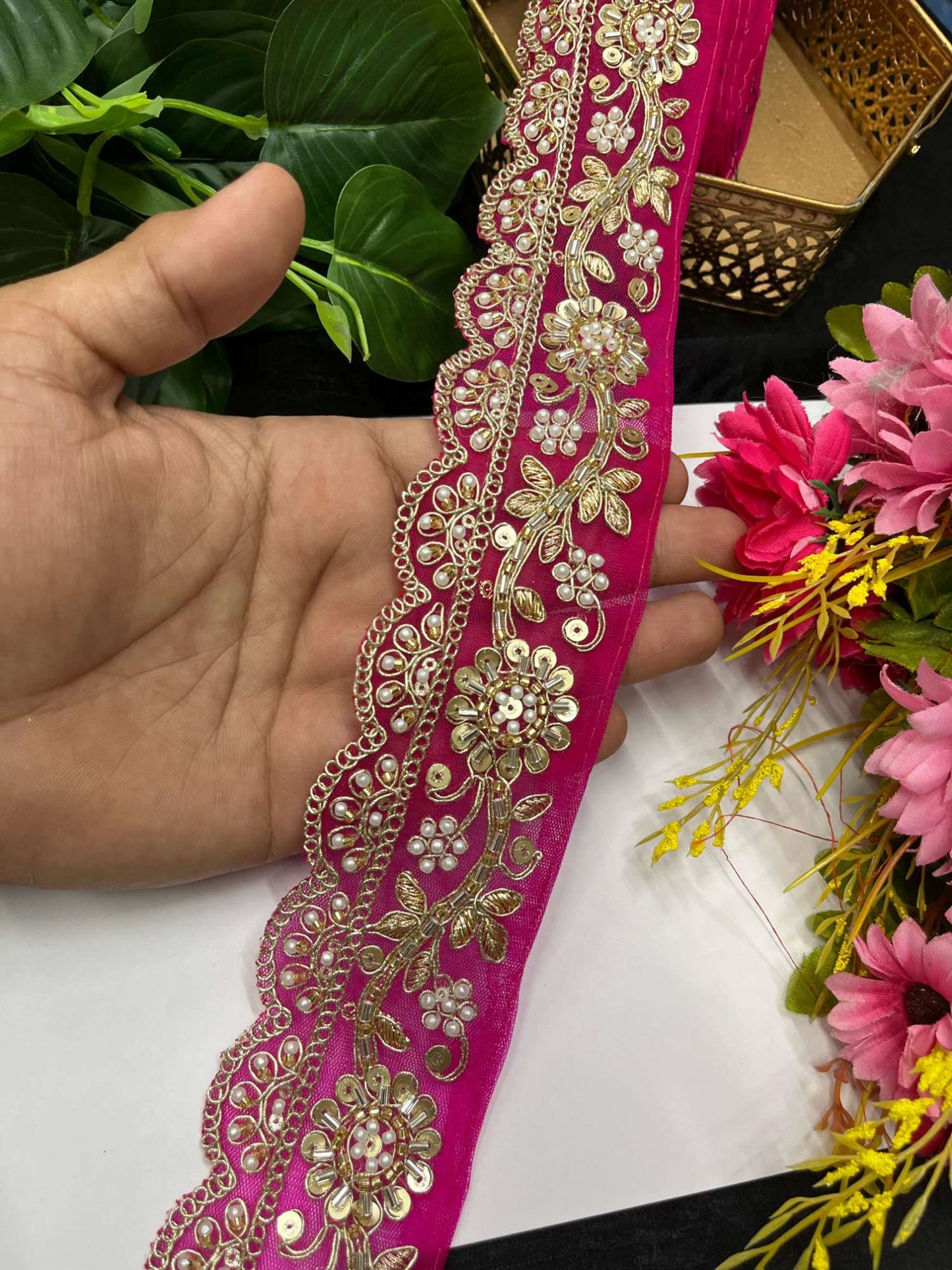 Gorgeous Embroidered Pearl & Cutdana Designer Lace – 9 Meters, 2.5-Inch Maggam Work Border for Sarees & Lehengas | Rani Pink