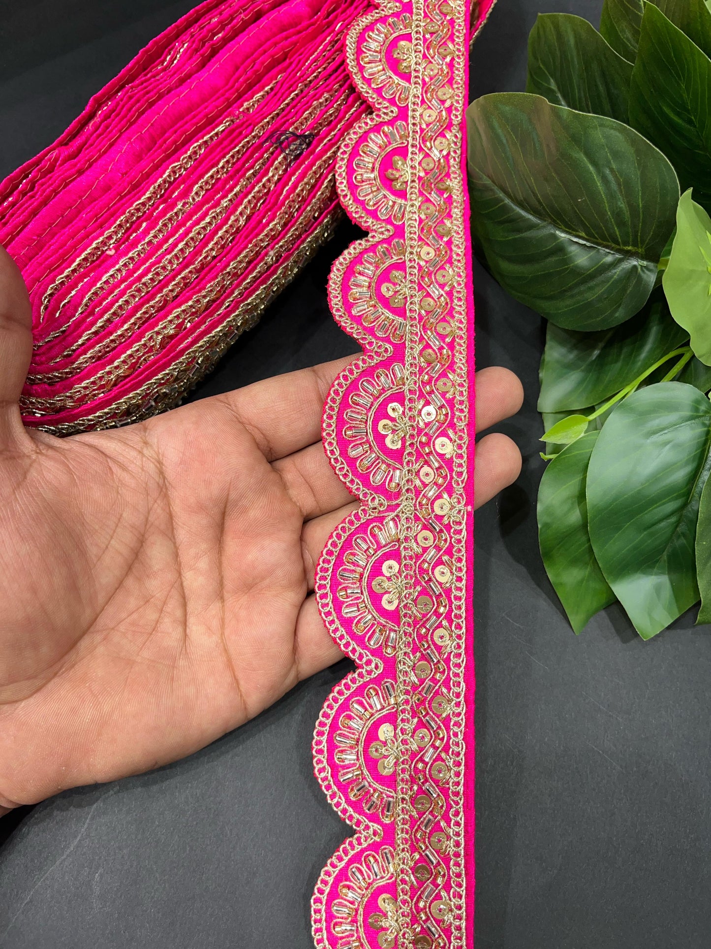 Cutdana Sequin Handmade Embroidered Lace – 9 Meters, 2-Inch Width | Maggam Work Lace | Rani Pink