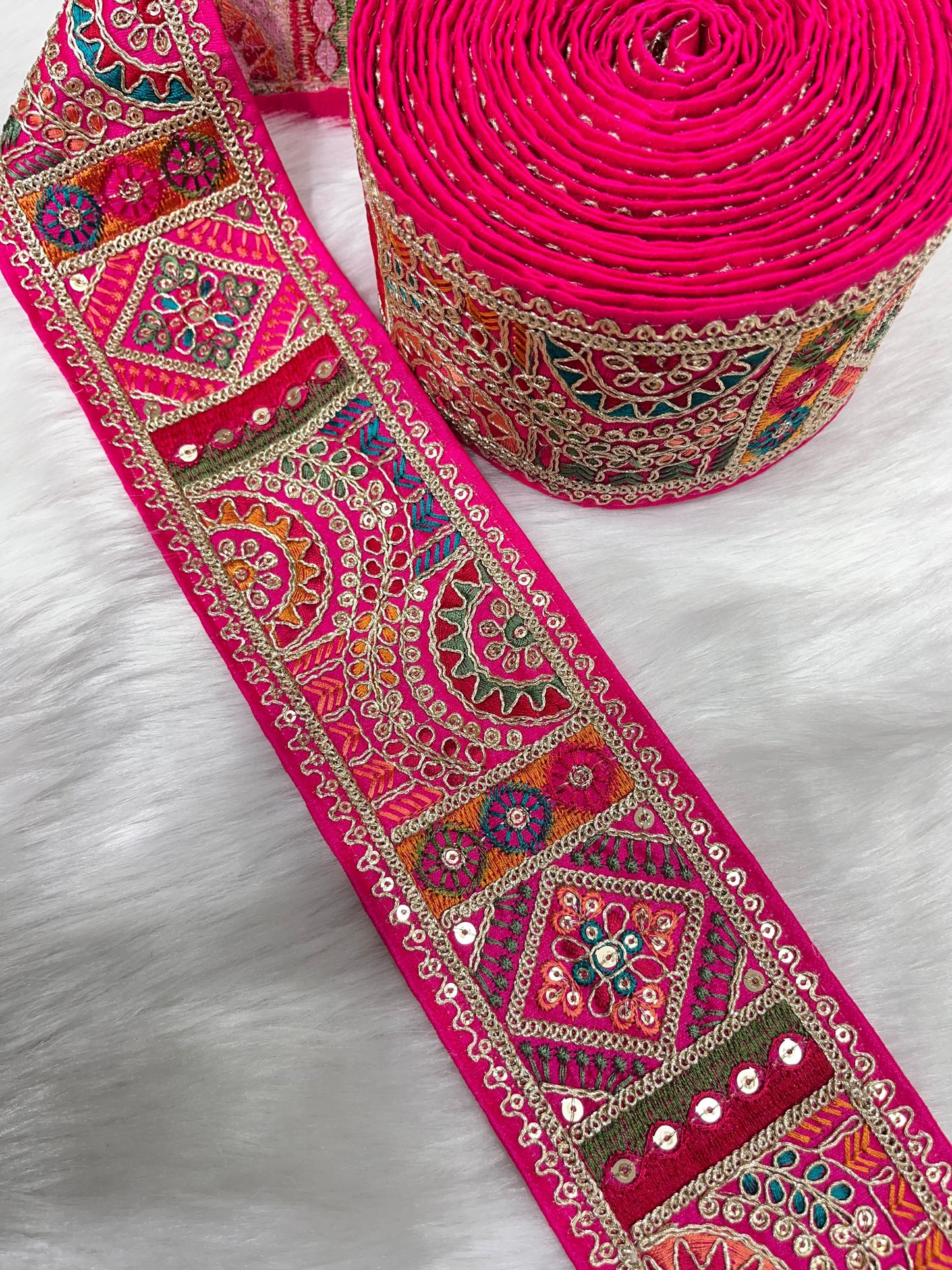 3 Inch Indian Saree Lace Border Embroidered Trim – Floral Decorative Ribbon for Art Quilts & Craft Projects (9 Meter) | Rani Pink