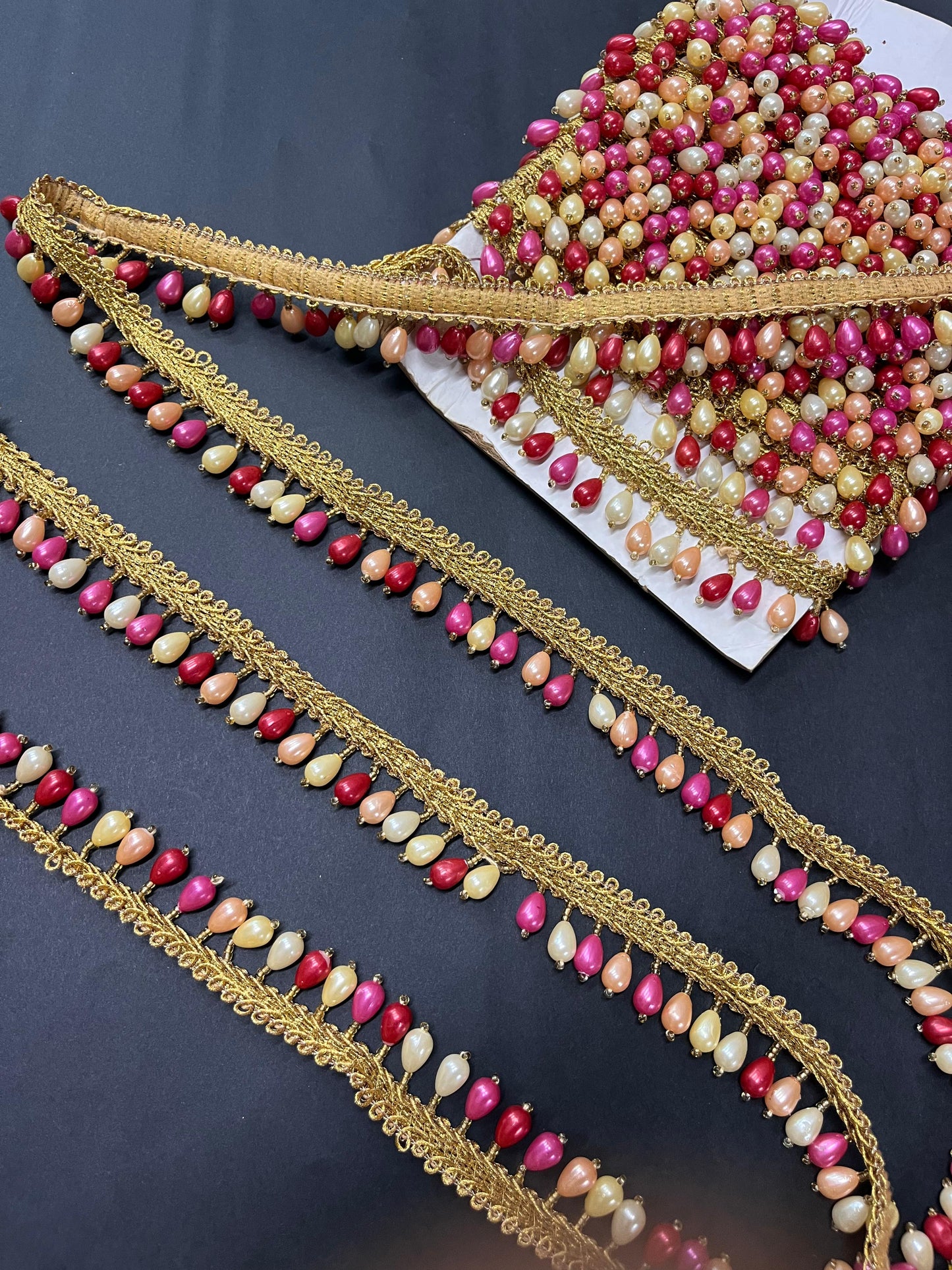 Elegant Bead and Pearl Hanging Lace Border – Perfect Latkan Lace for Sarees, Lehengas, and Dresses – 9 Meter | Rani Pink
