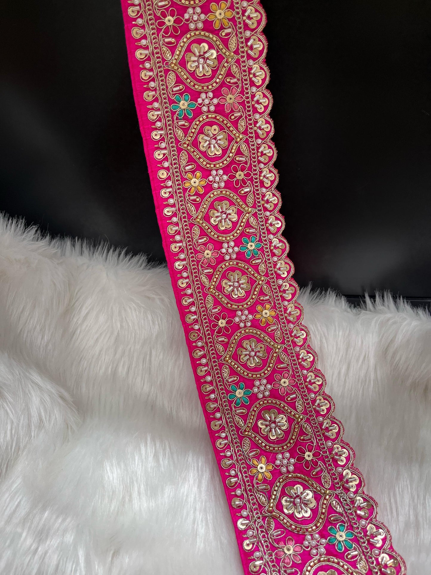 Vibrant Cutdana Beaded Embroidered Lace Border for Sarees and Lehengas – 9 Meters, 3-Inch Width | Rani Pink