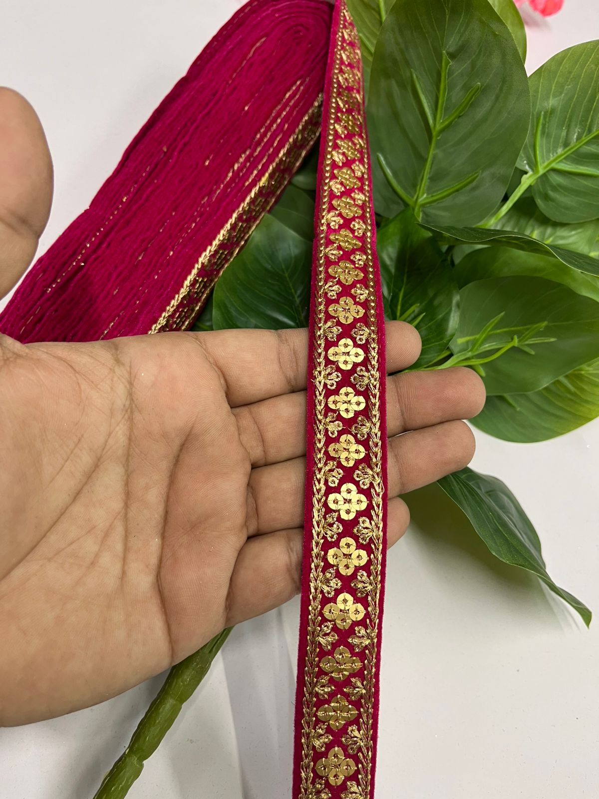 Zari Sequins Embellished Velvet Embroidered Saree Lace | Sari Velvet Fabric Lace Border (9 Mtr) | Rani Pink