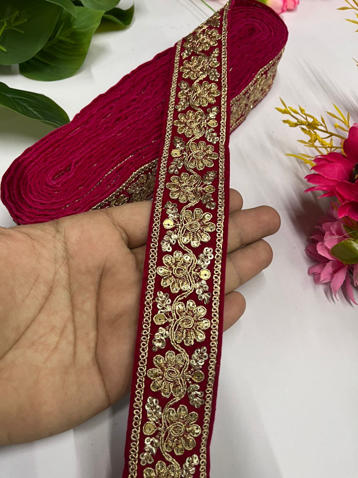 Velvet Saree and Dupatta Lace | Gold Embroidered Velvet Fabric Designer Lace (9 Mtr) | Rani Pink