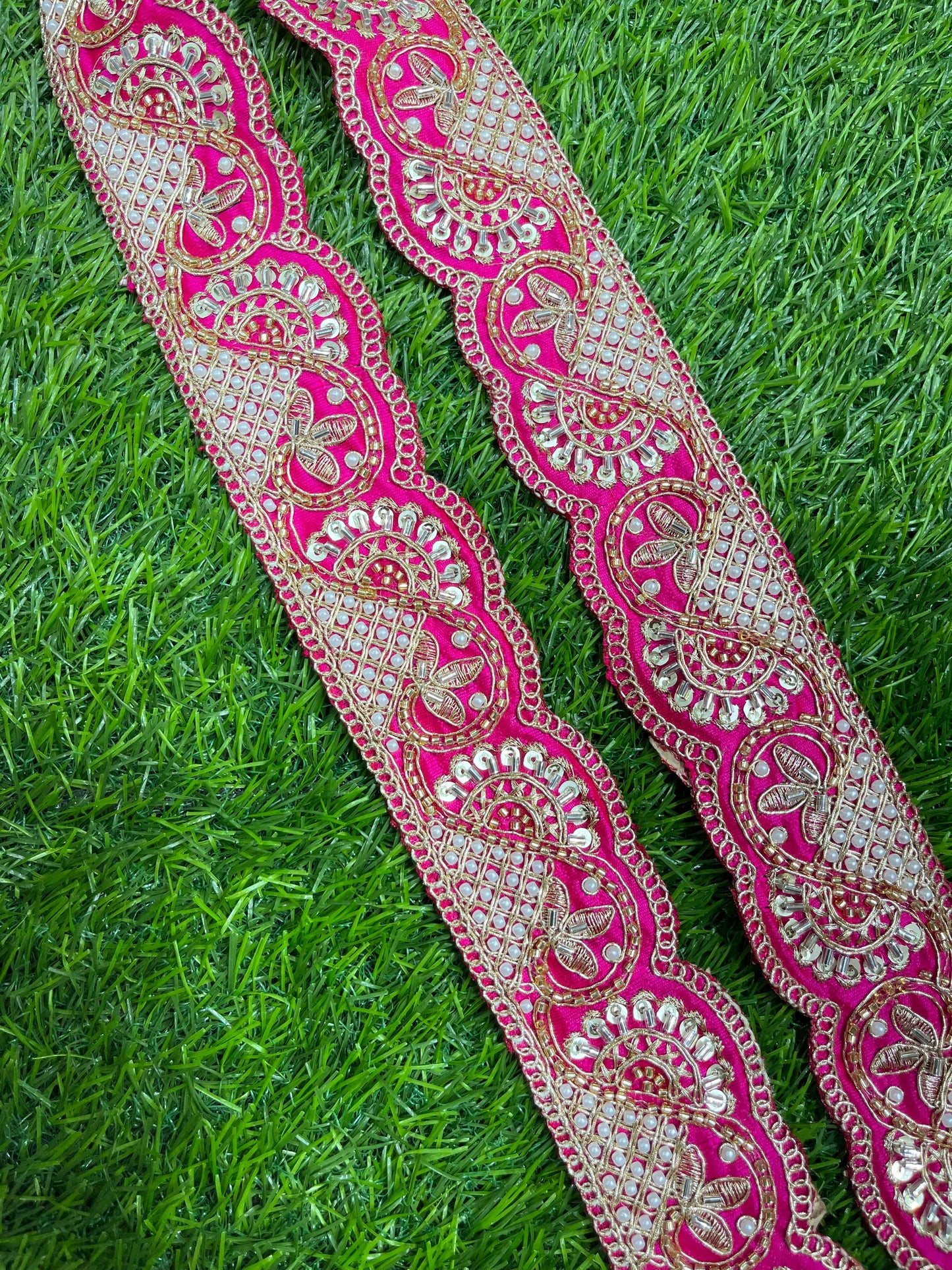 Vibrant Cutdana Beaded Embroidered Lace Border for Sarees and Dupatta – 9 Meters, 2-Inch Width | Rani Pink